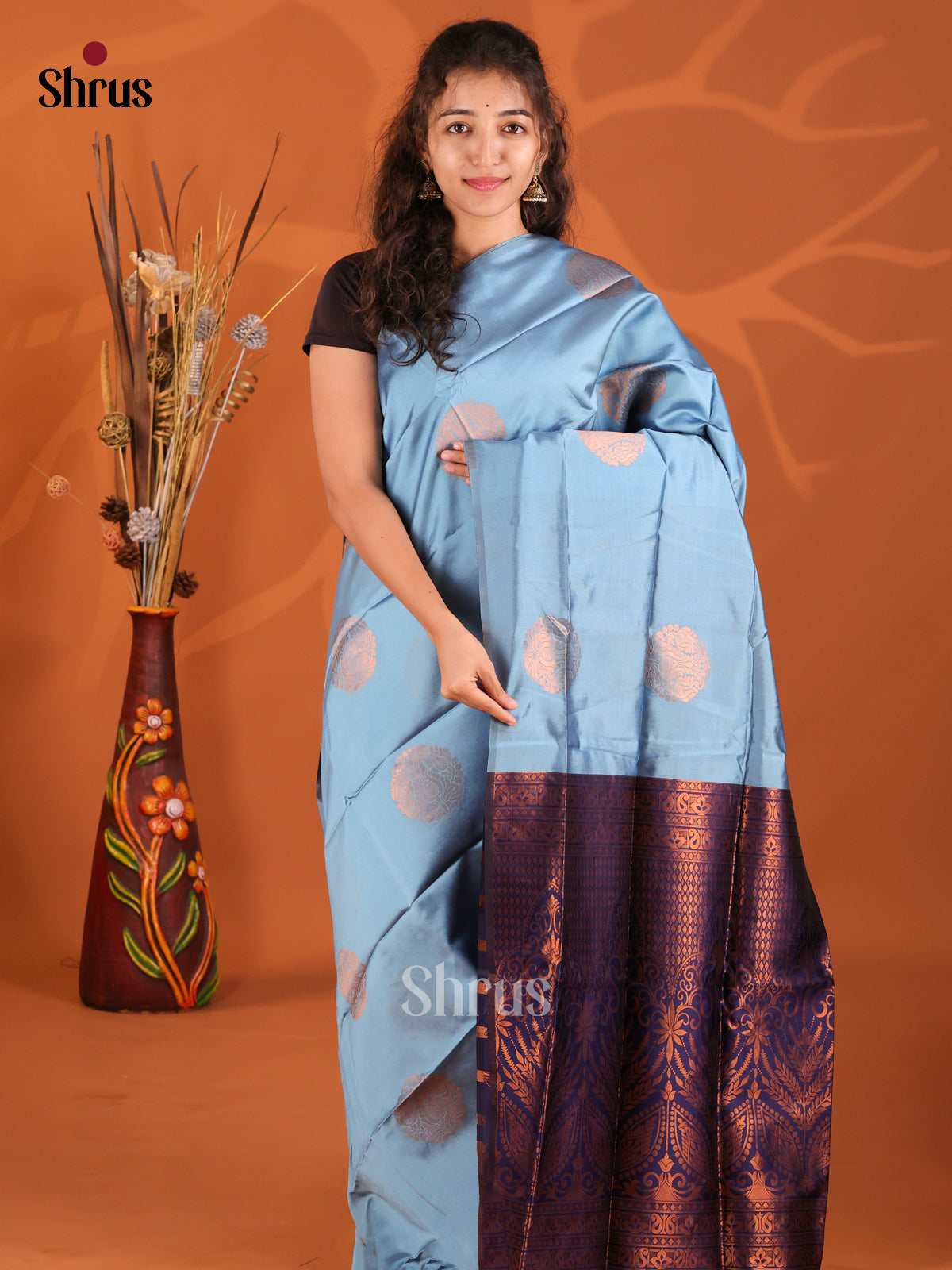 Pastel Blue & Blue - Semi Softsilk Saree - Shop on Shrus.com