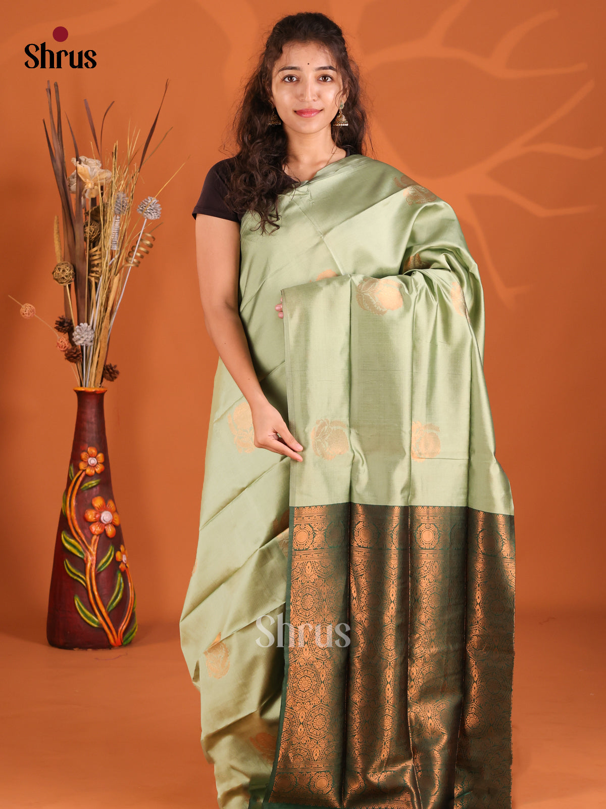 Pastel Green & Green - Semi Softsilk Saree - Shop on Shrus.com