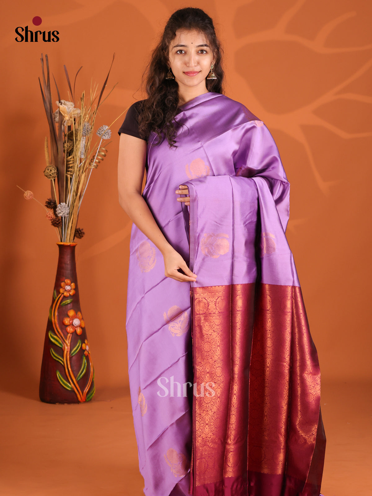 Lavender & Maroon- Semi Softsilk Saree - Shop on Shrus.com