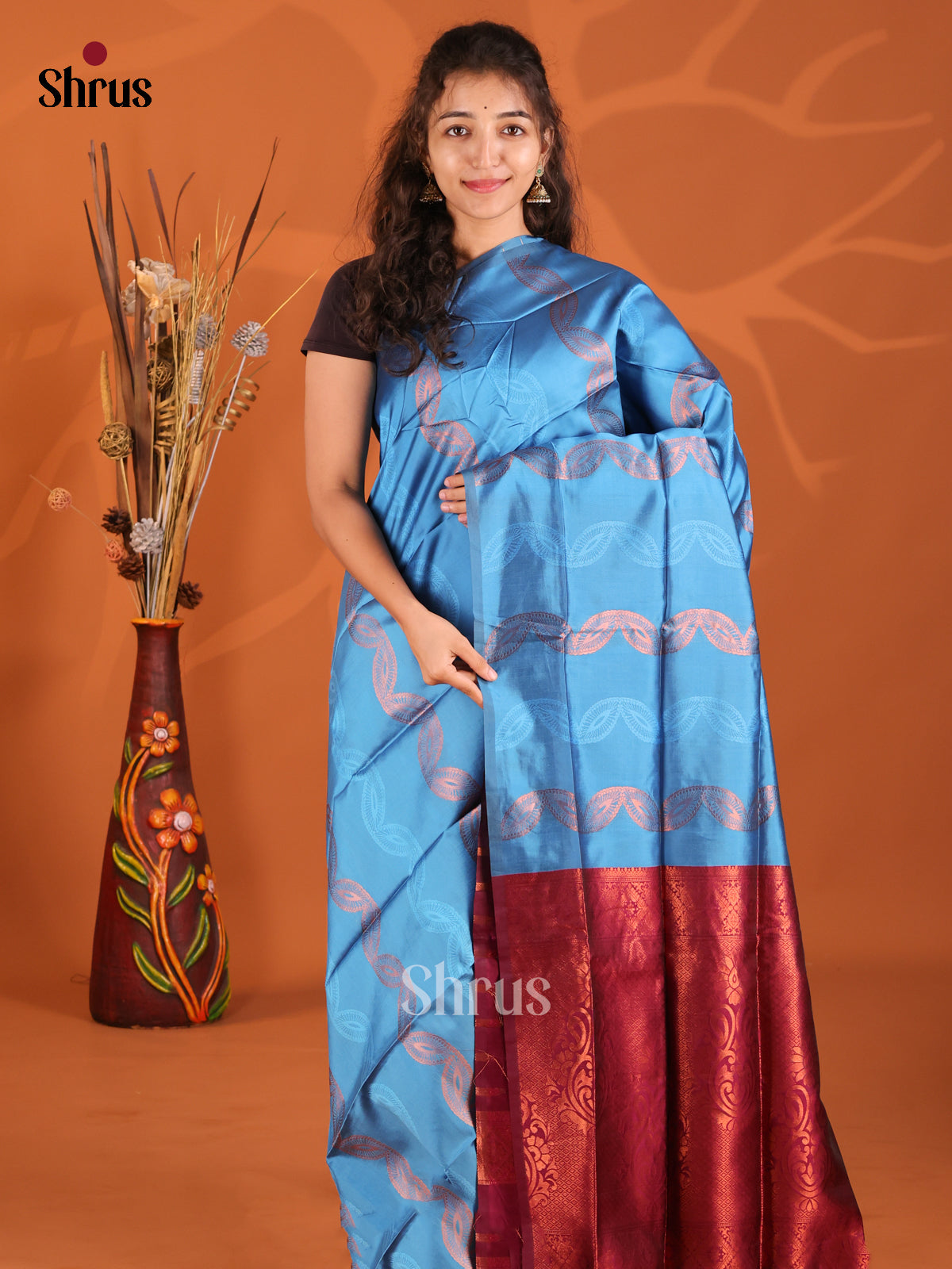 Blue & Maroon - Semi Softsilk Saree - Shop on Shrus.com