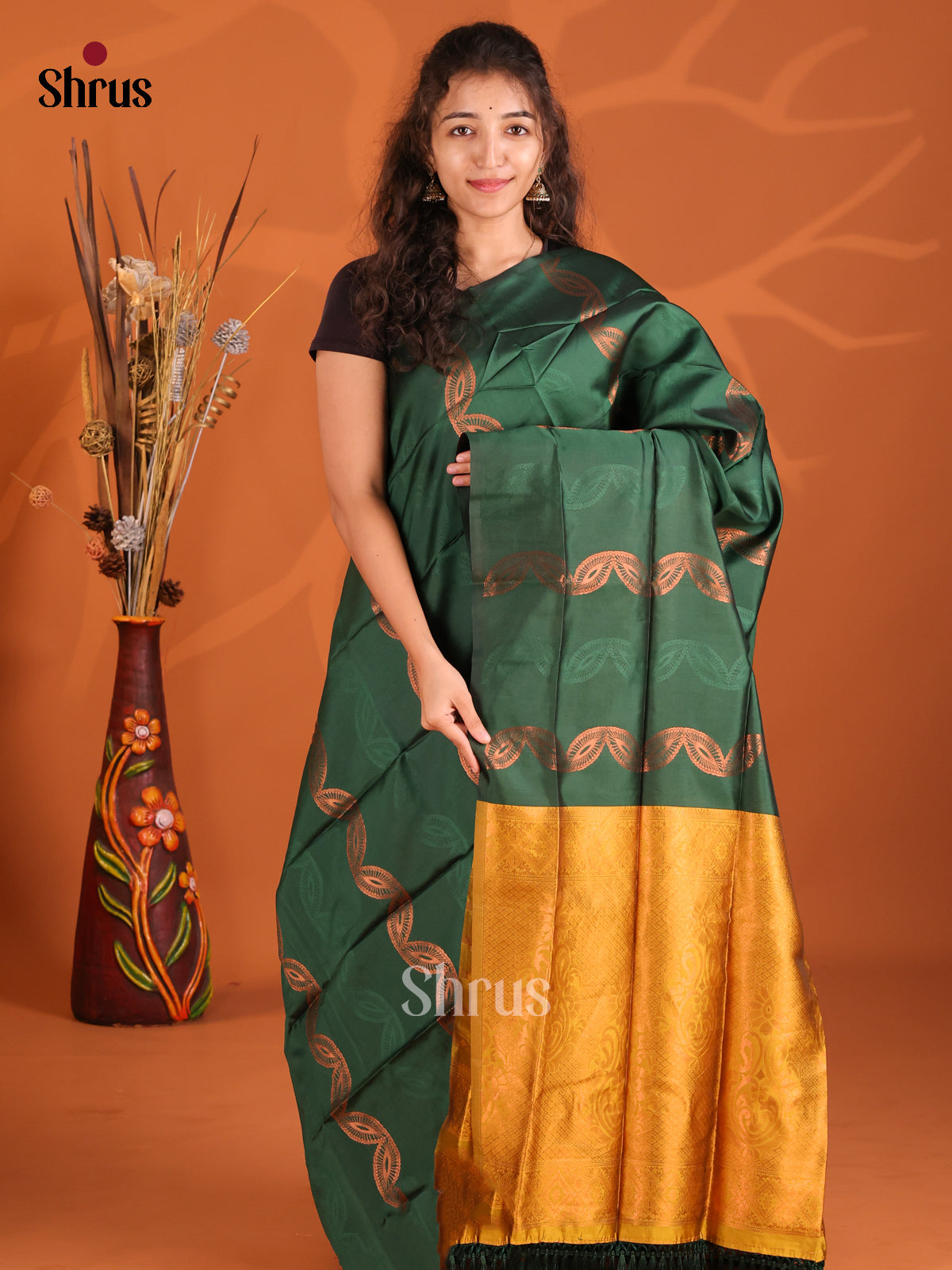 Green & Mustard - Semi Softsilk Saree - Shop on Shrus.com