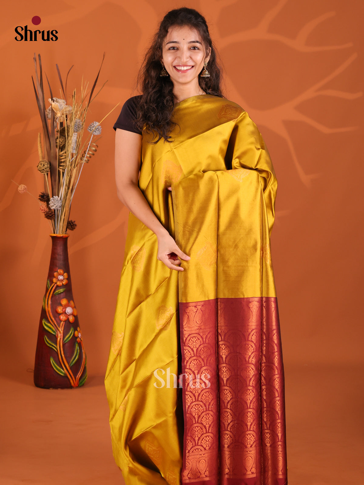 Mustardy Green & Maroon - Semi Softsilk Saree - Shop on Shrus.com