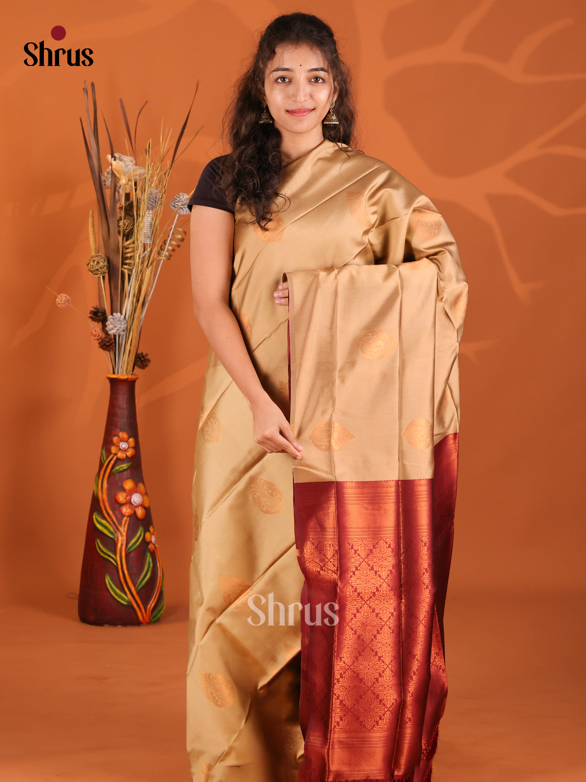 Beige & Maroon - Semi Softsilk Saree - Shop on Shrus.com