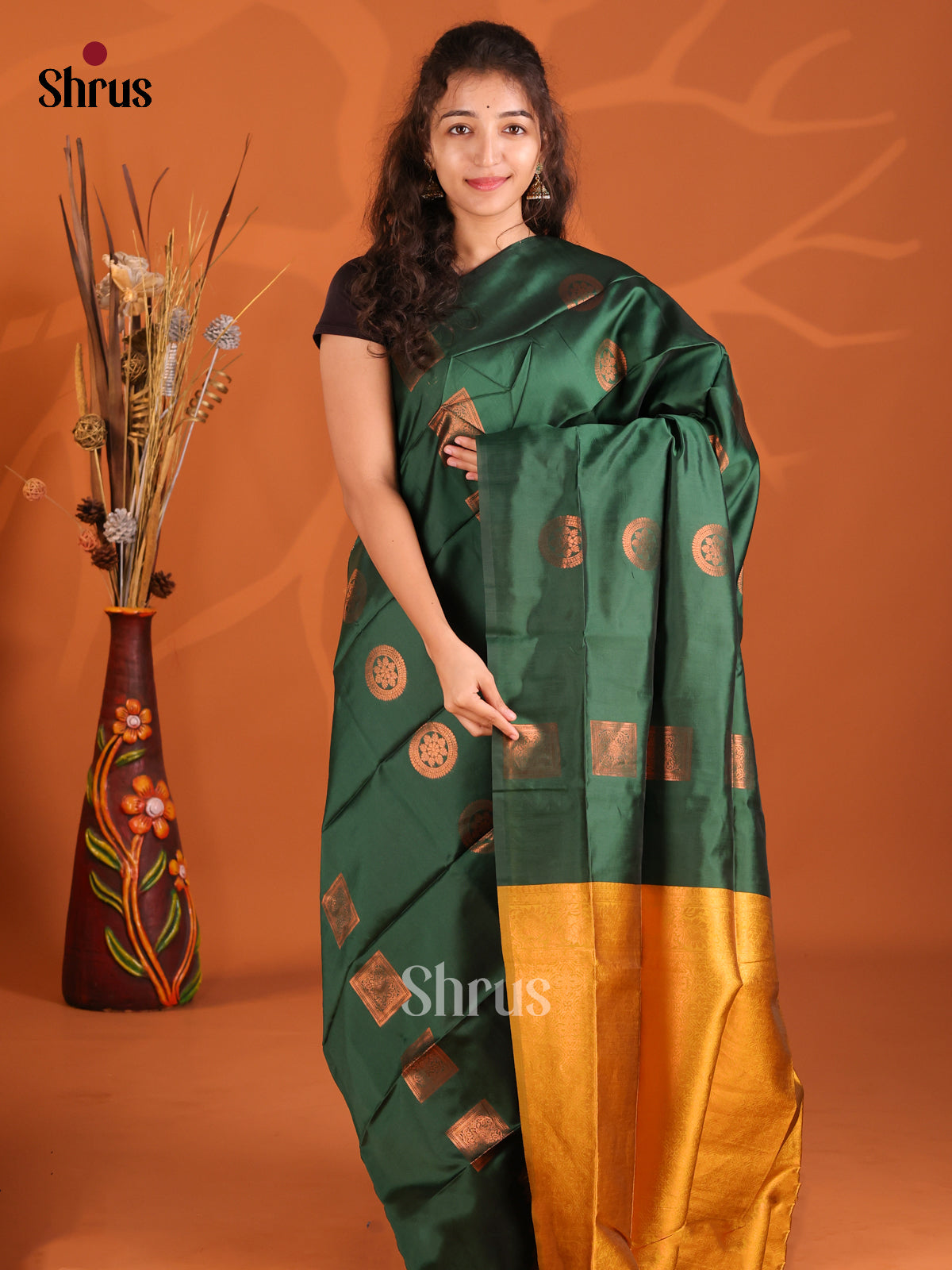 Green & Mustard- Semi Softsilk Saree - Shop on Shrus.com