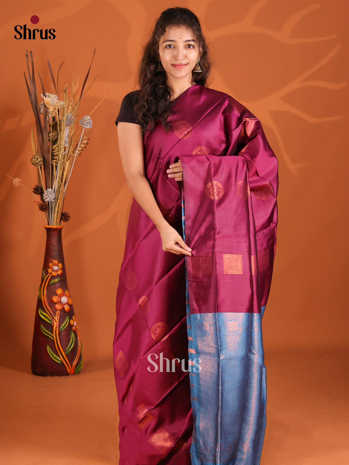 Maroon & Blue - Semi Softsilk Saree - Shop on Shrus.com