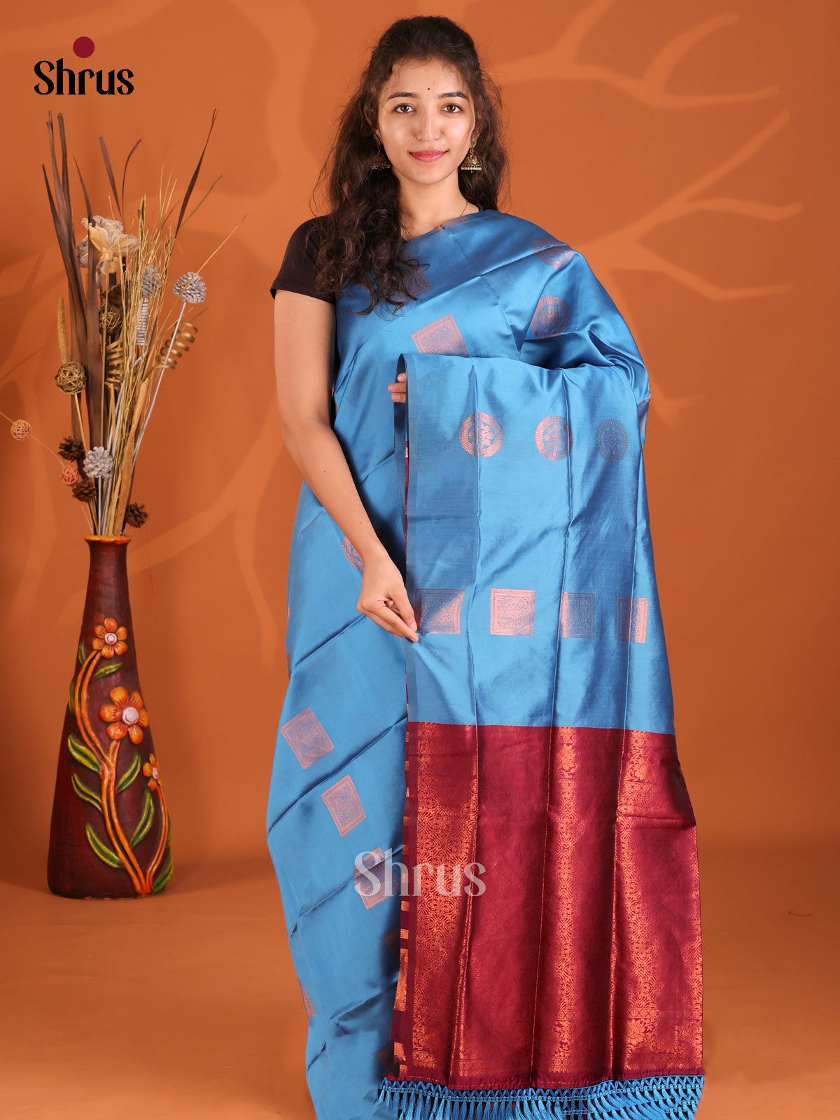 Blue & Maroon - Semi Softsilk Saree - Shop on Shrus.com