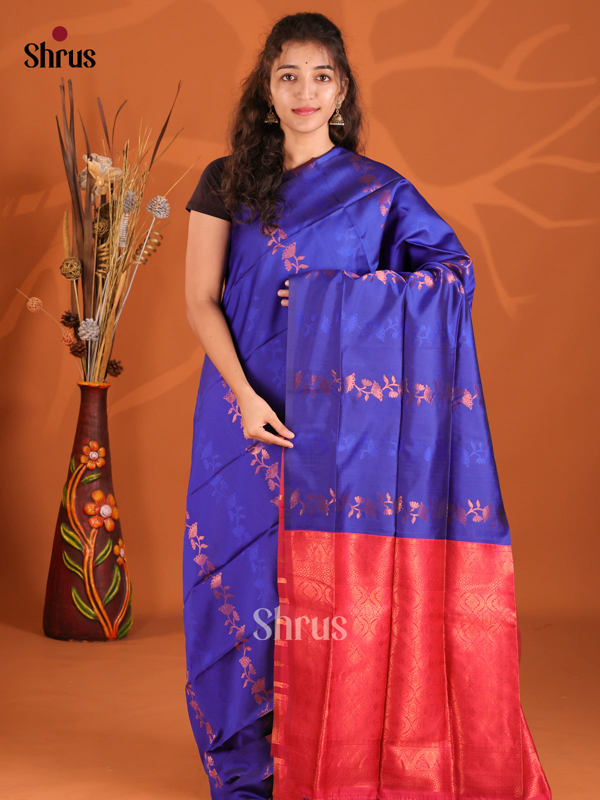 Blue & Maroon - Semi Softsilk Saree - Shop on Shrus.com