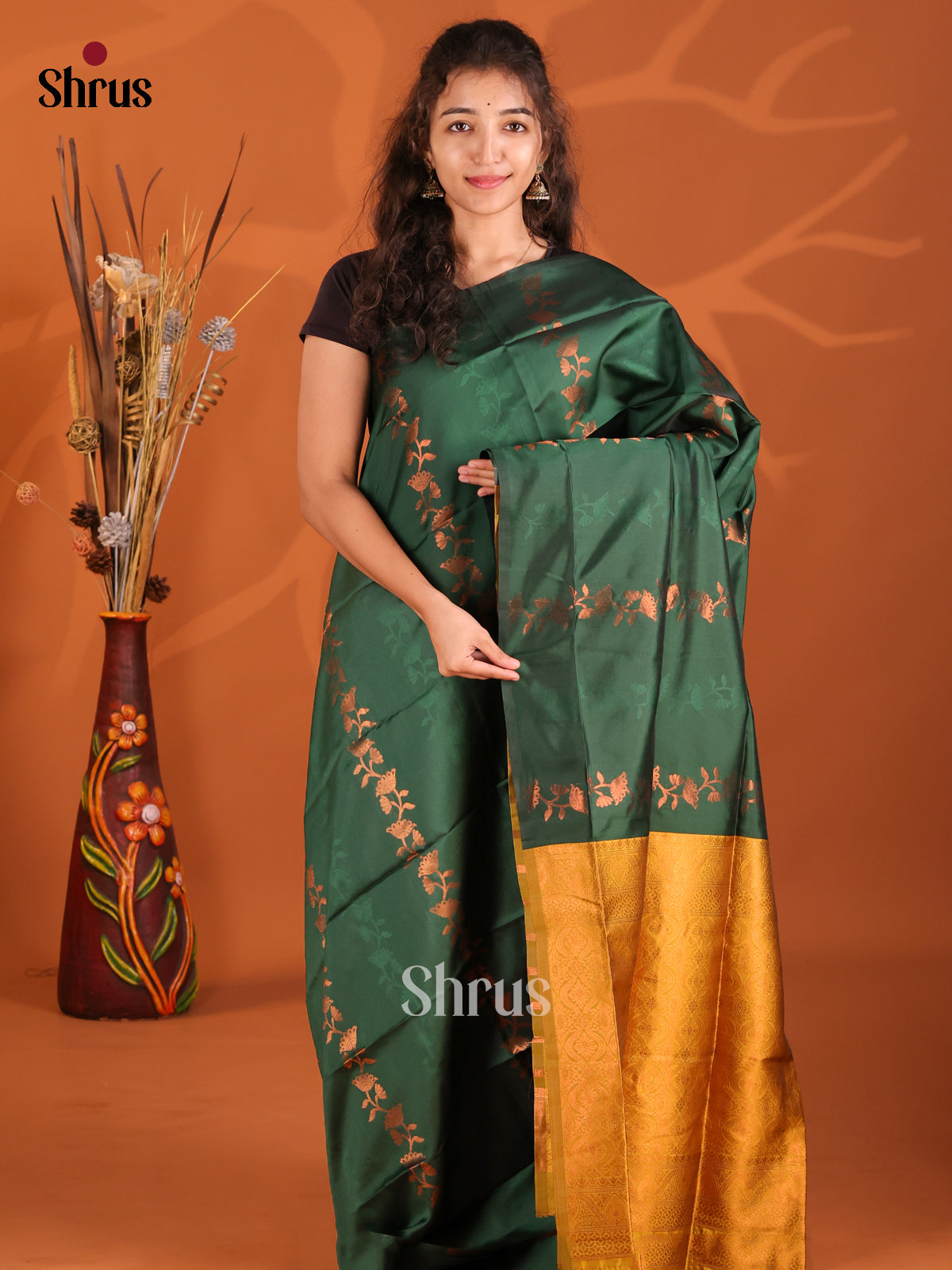 Green & Mustard - Semi Softsilk Saree - Shop on Shrus.com