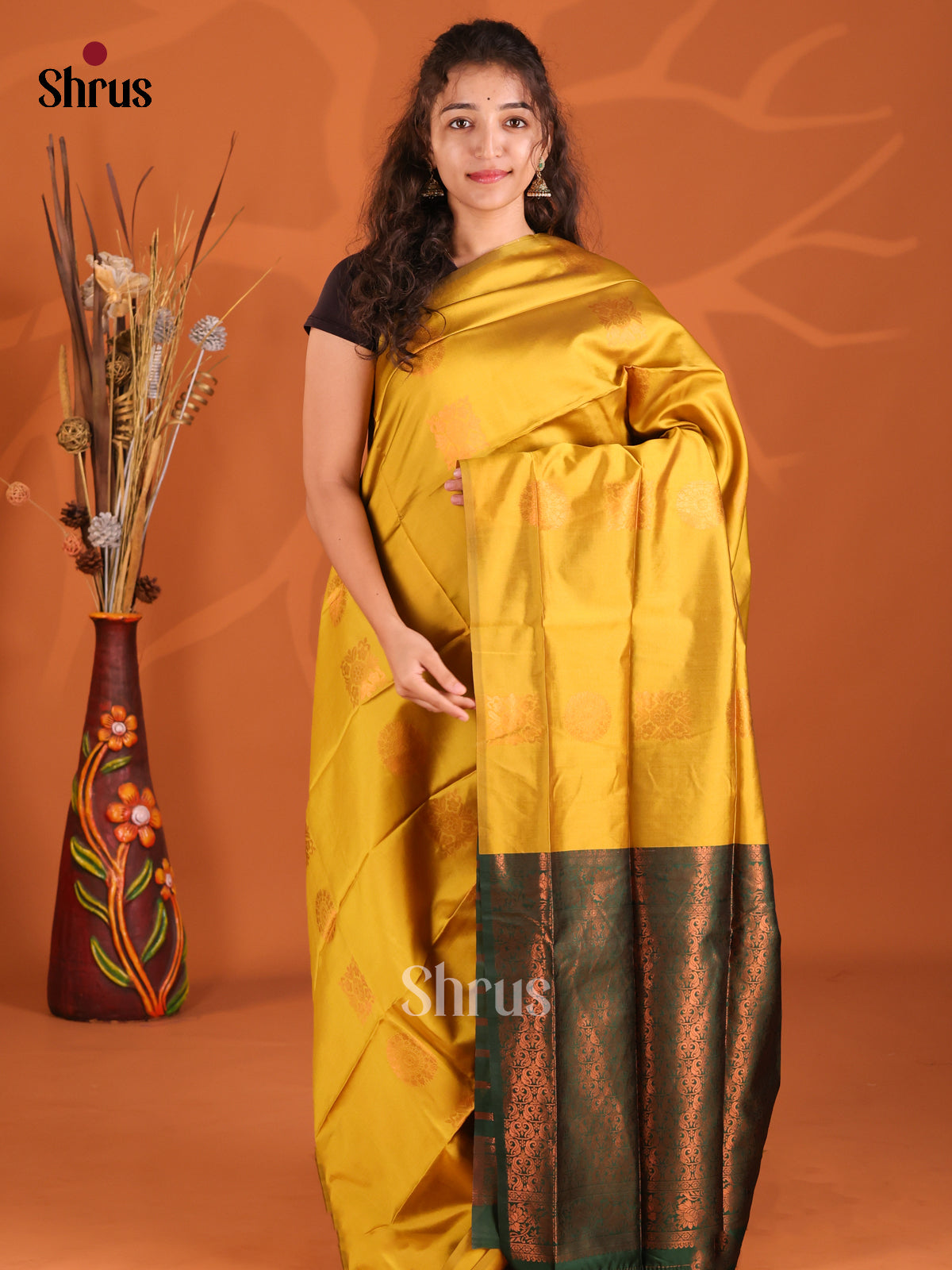 Mustardy Green & Green - Semi Softsilk Saree - Shop on Shrus.com