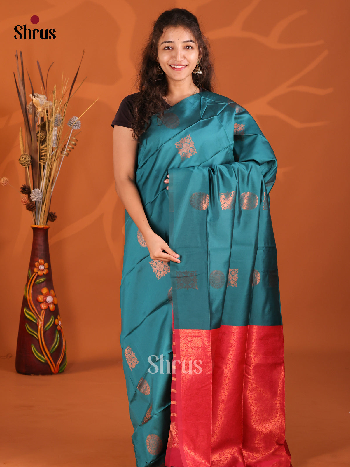 Peacock Blue & Pink - Semi Softsilk Saree - Shop on Shrus.com