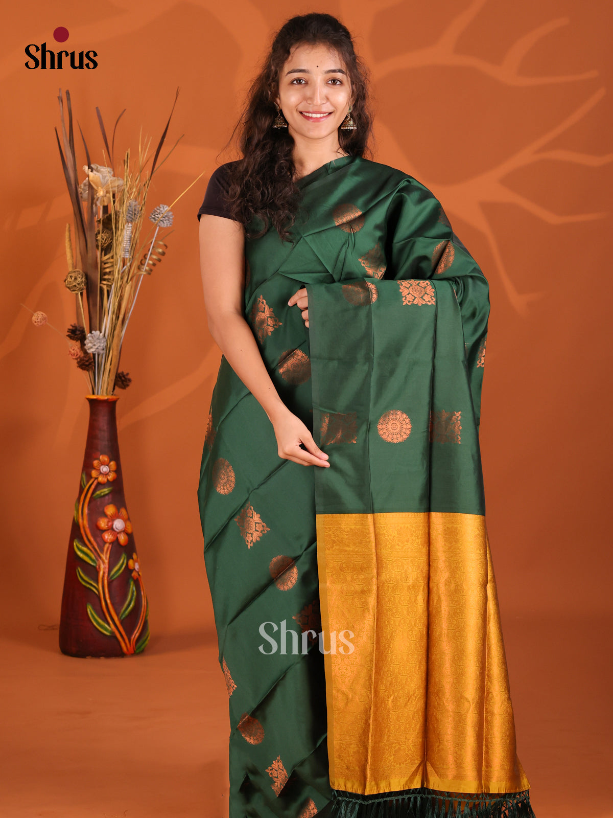 Green & Mustard- Semi Softsilk Saree - Shop on Shrus.com
