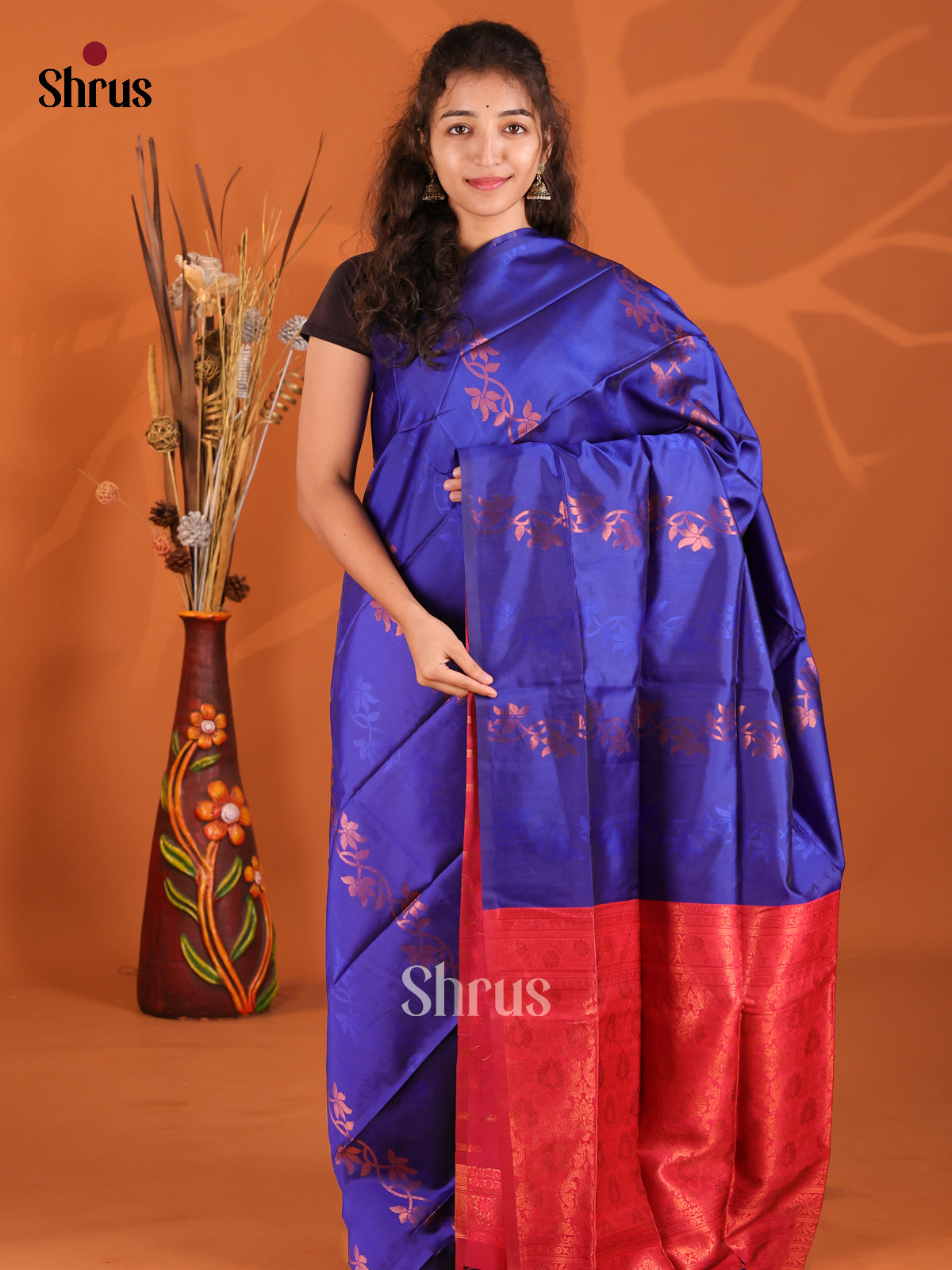 Blue & Maroon - Semi Softsilk Saree - Shop on Shrus.com
