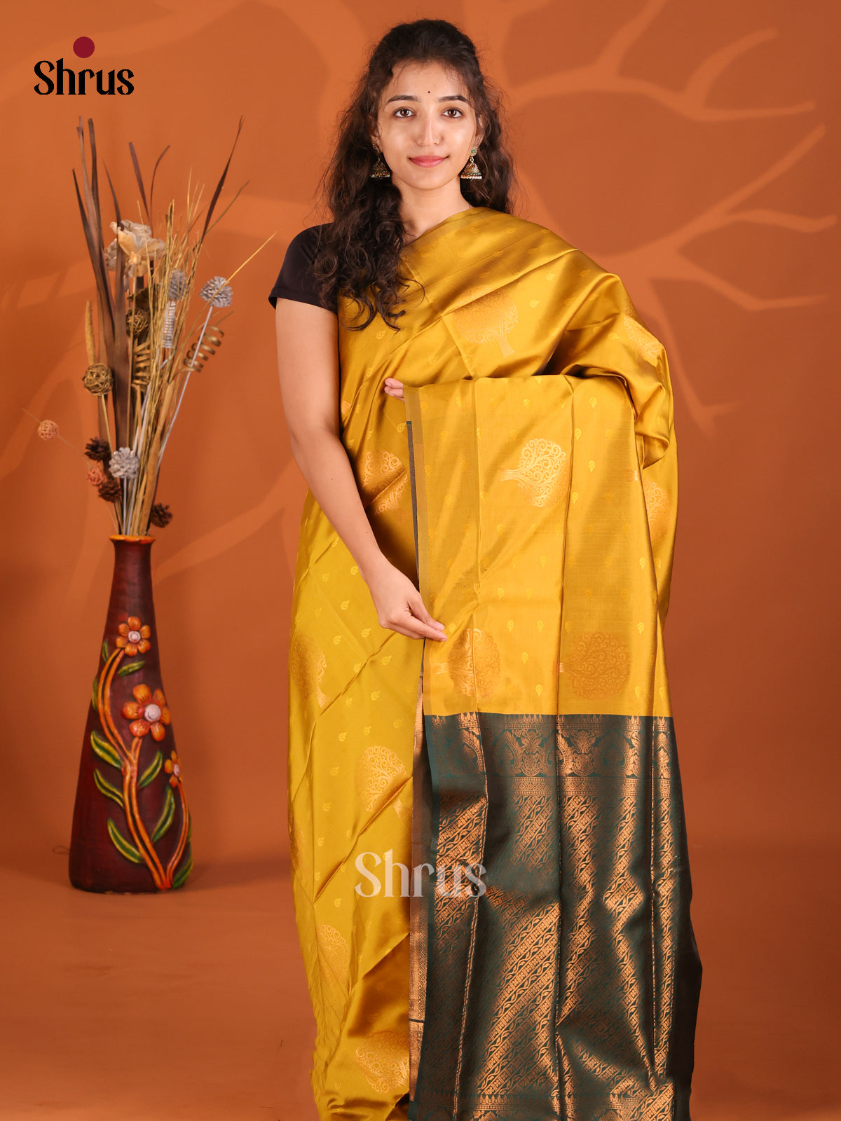 Mustardy Green & Green- Semi Softsilk Saree - Shop on Shrus.com