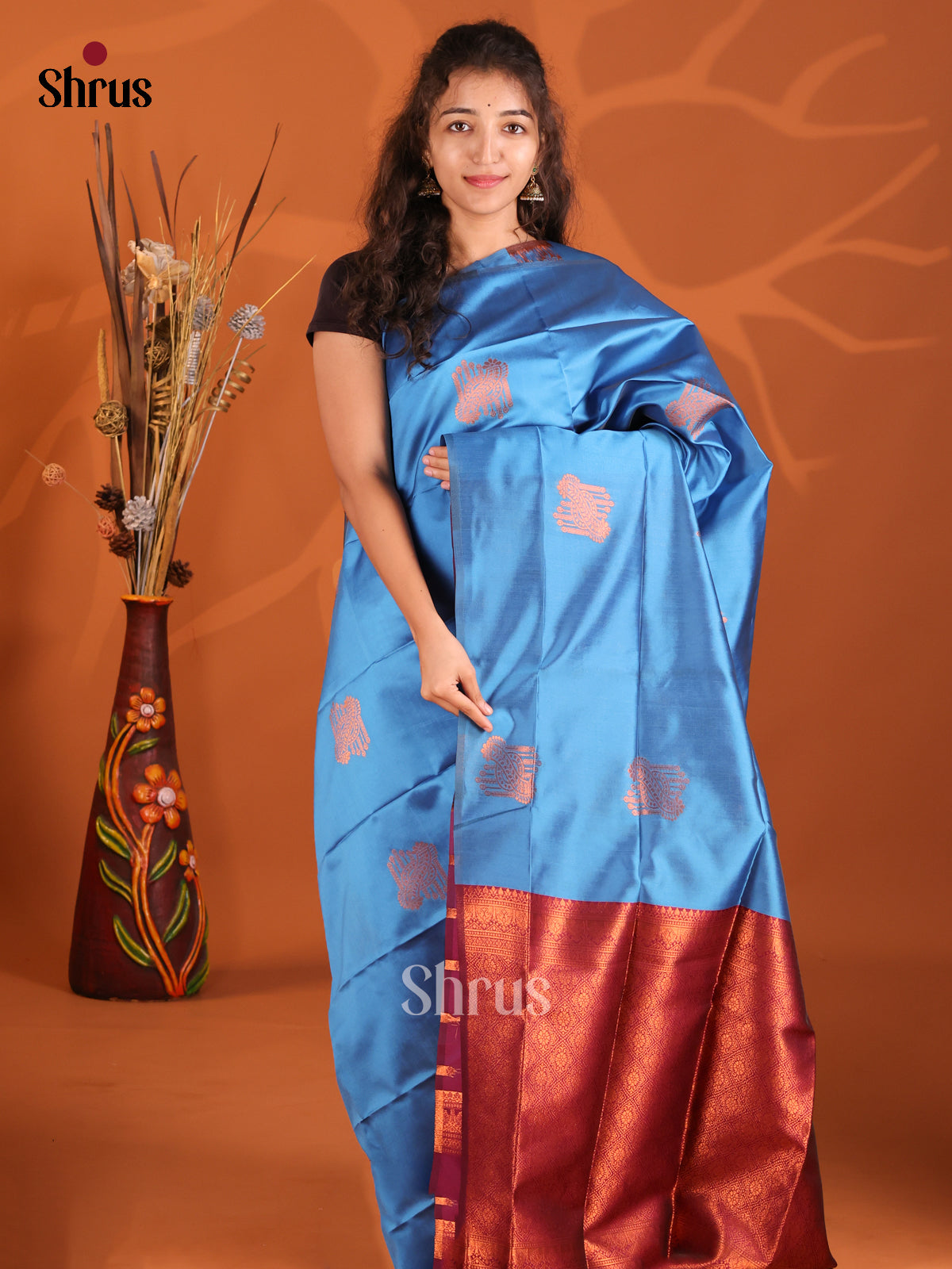 Blue & Maroon - Semi Softsilk Saree - Shop on Shrus.com
