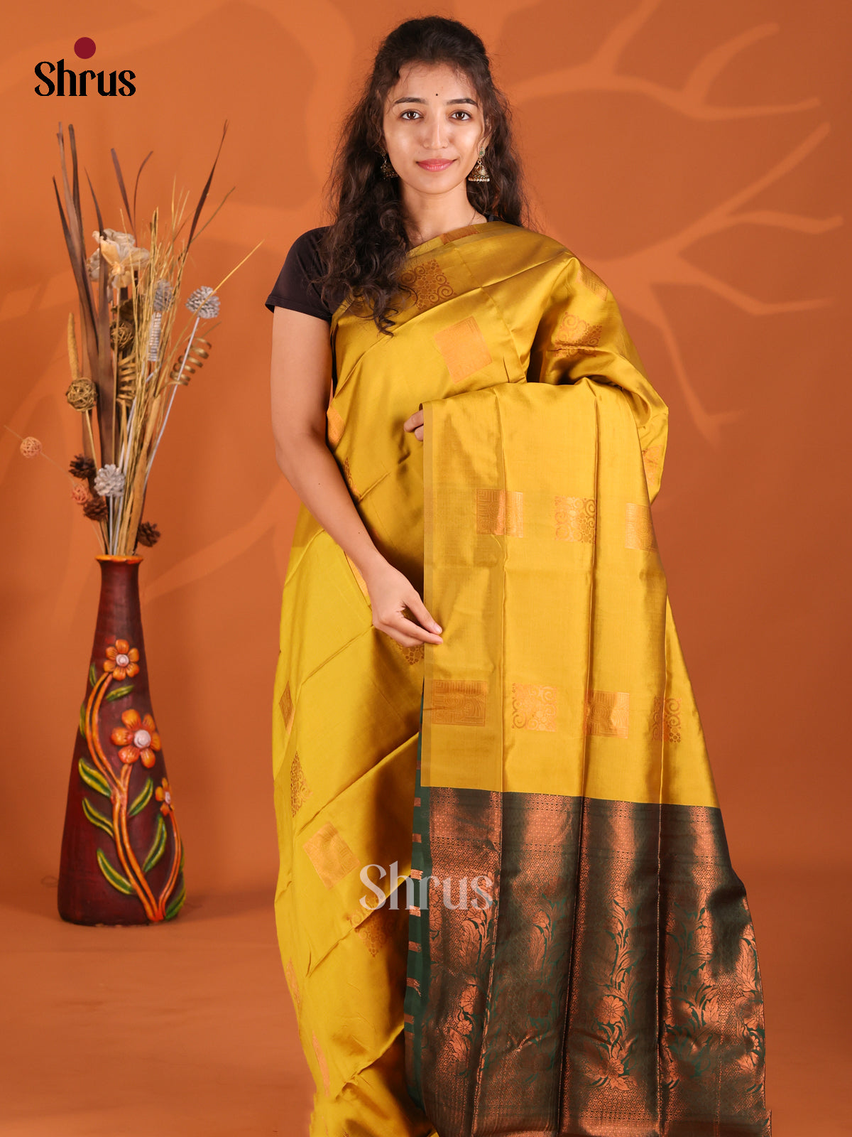 Mustardy Green & Green - Semi Softsilk Saree - Shop on Shrus.com