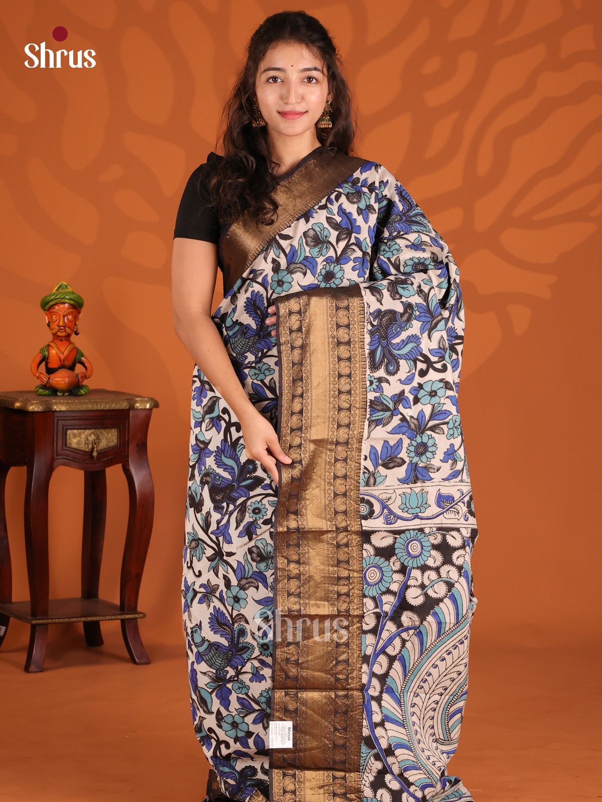 Chic Cream & Blue Mangalagiri Silk Cotton Saree with Black Zari Border - Shop on Shrus.com