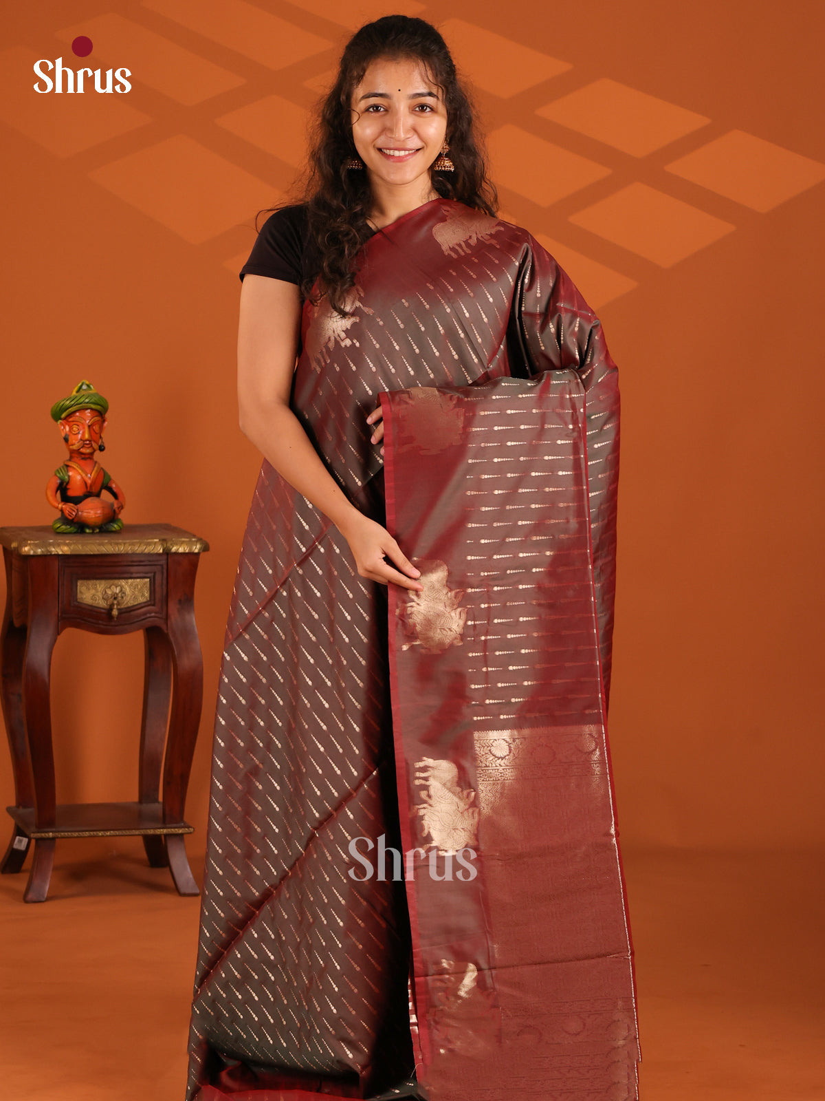 Brown - Semi Softsilk Saree - Shop on Shrus.com