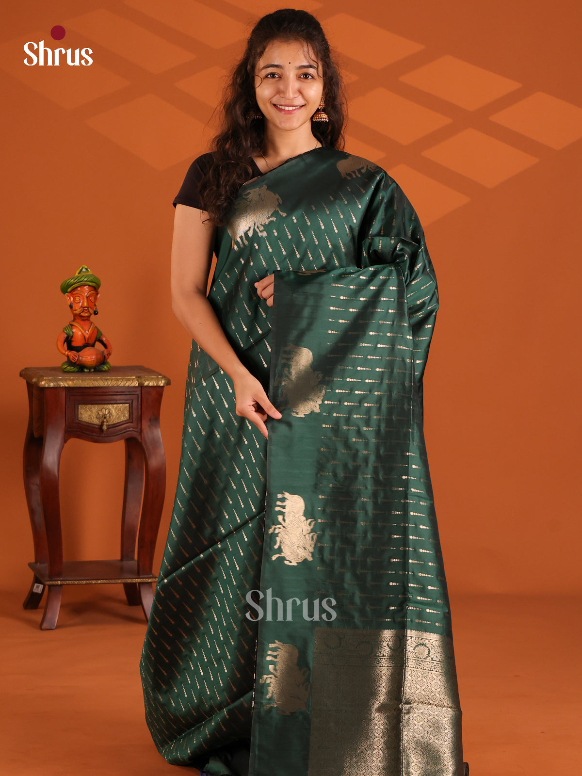 dark Bottle Green- Semi Softsilk Saree - Shop on Shrus.com