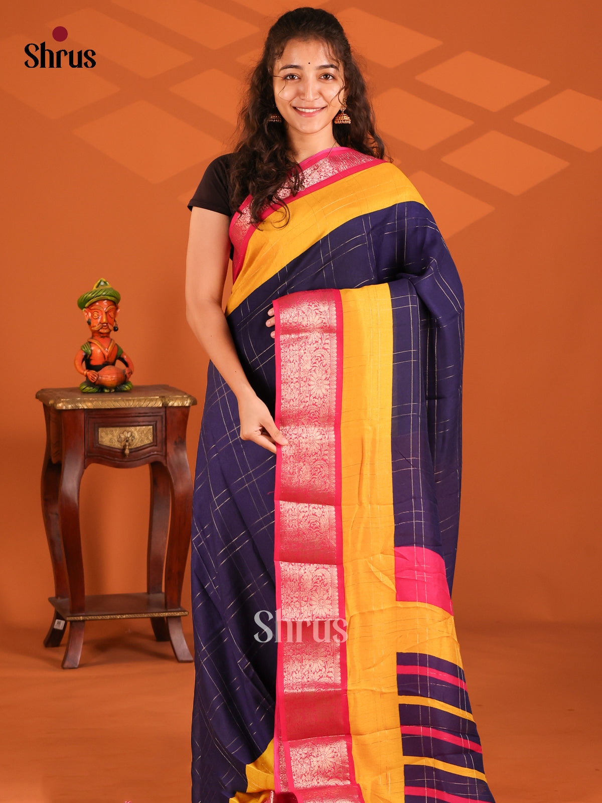Blue & red - Semi Mysore silk saree - Shop on Shrus.com