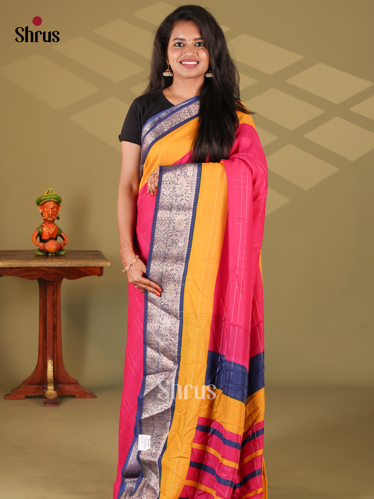 Pink & Blue- Semi Mysore silk saree - Shop on Shrus.com