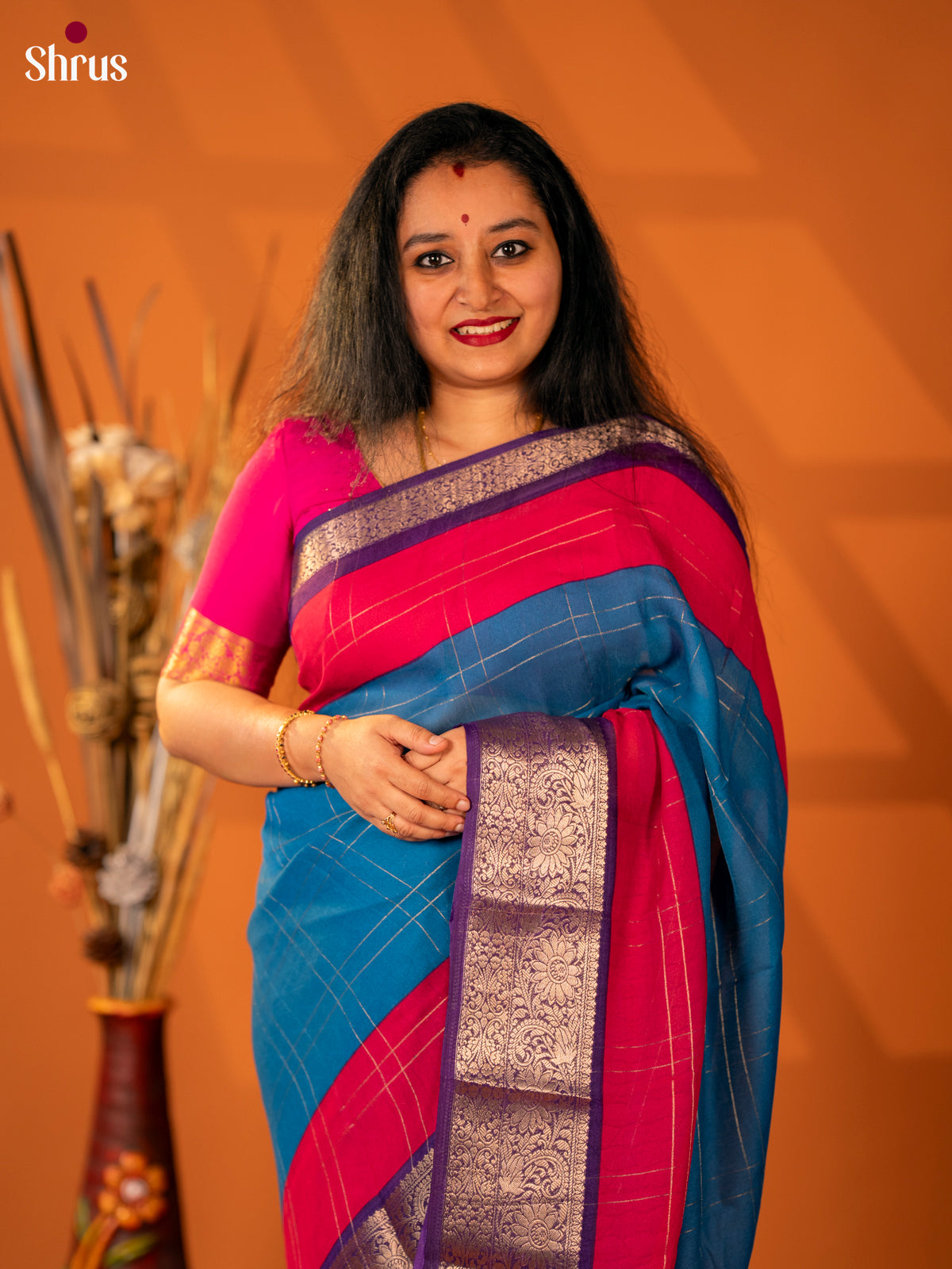 Blue & Purple - Semi Mysore silk saree - Shop on Shrus.com
