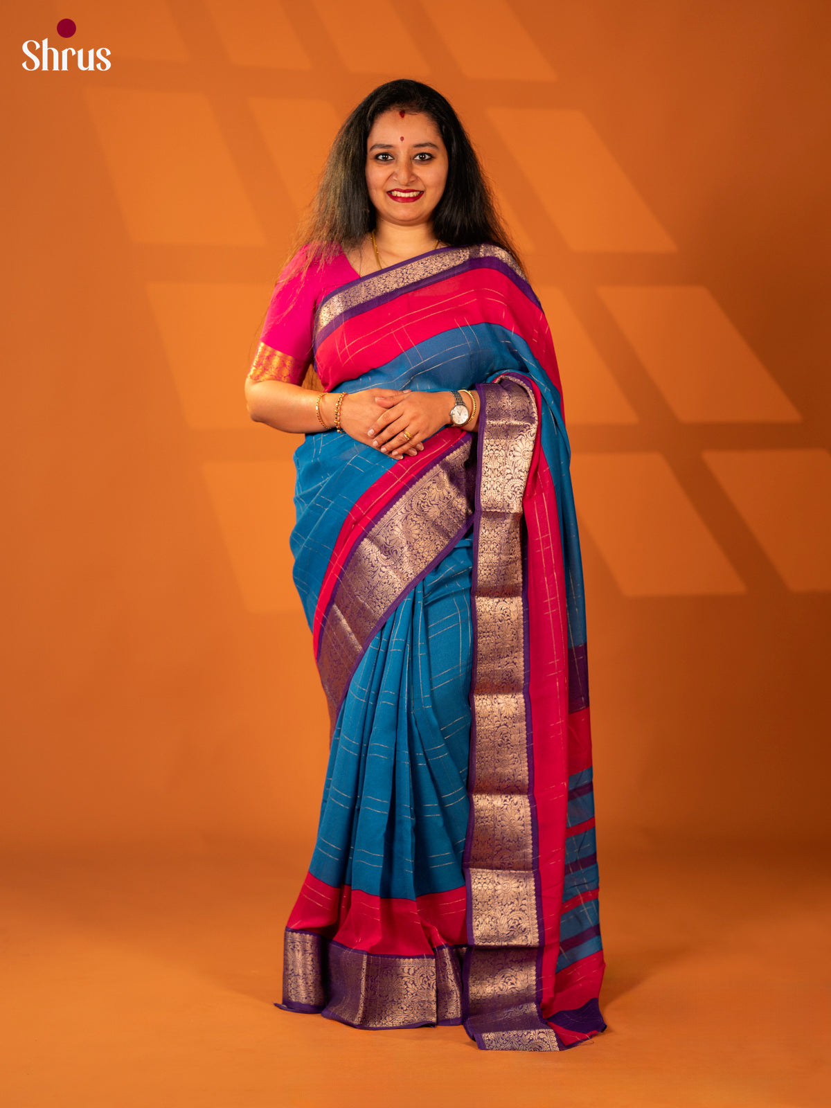 Blue & Purple - Semi Mysore silk saree - Shop on Shrus.com