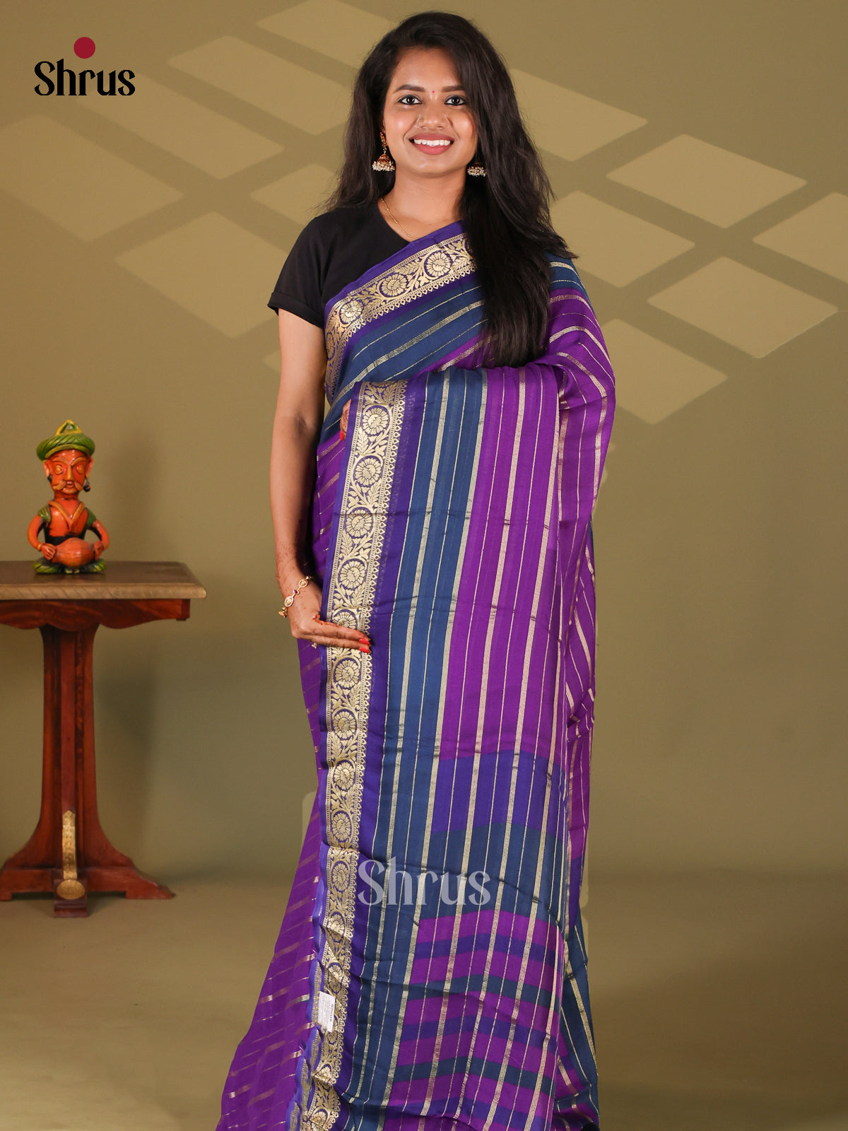 Purple & Blue - Semi Mysore silk saree - Shop on Shrus.com