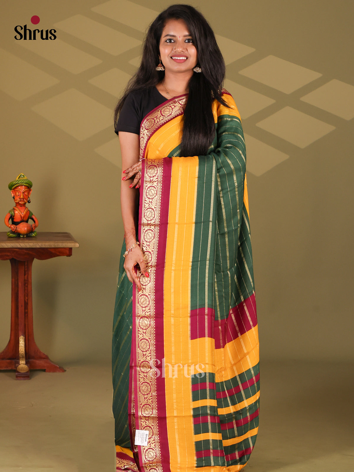 Green & MAroon - Semi Mysore silk saree - Shop on Shrus.com