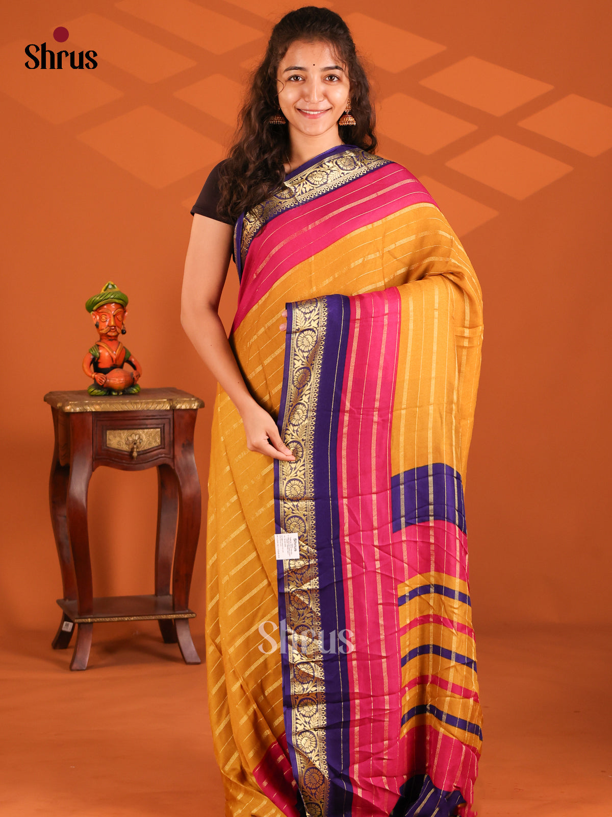 Mustard & Blue - Semi Mysore silk saree - Shop on Shrus.com