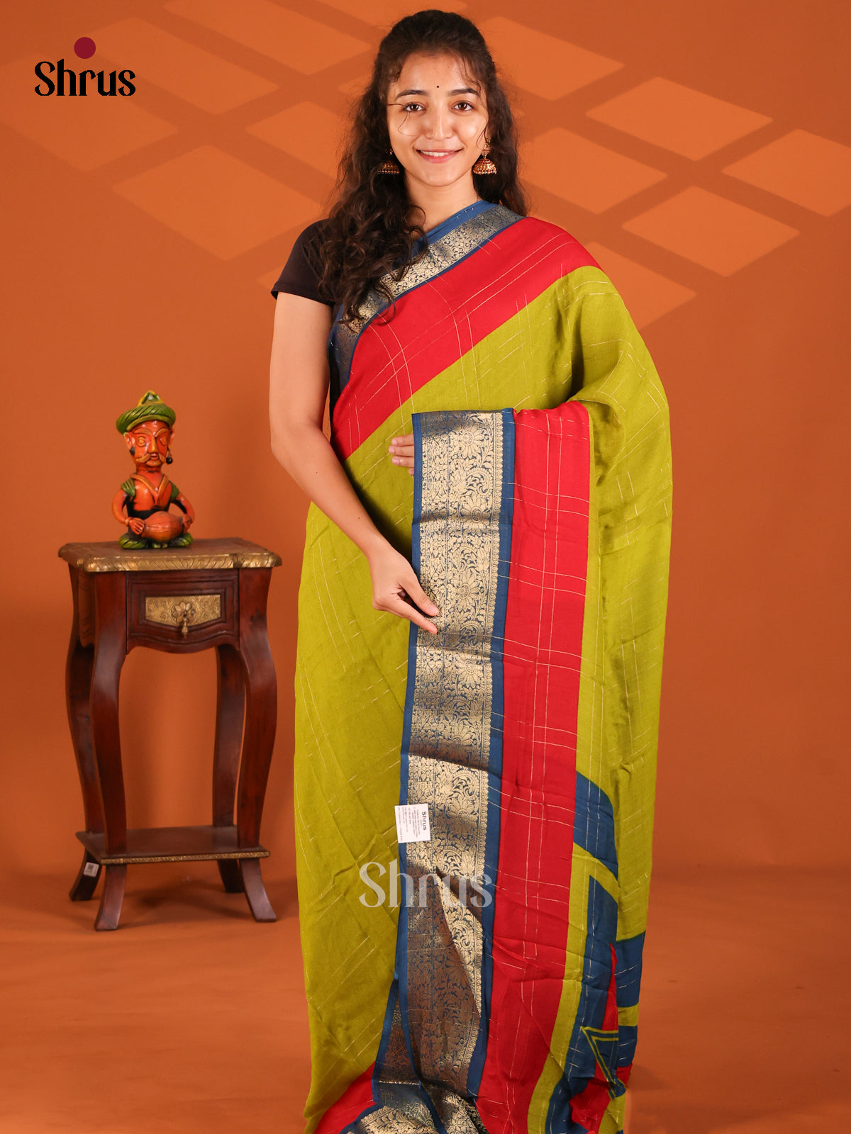 Lime Green & Blue - Semi Mysore silk saree - Shop on Shrus.com