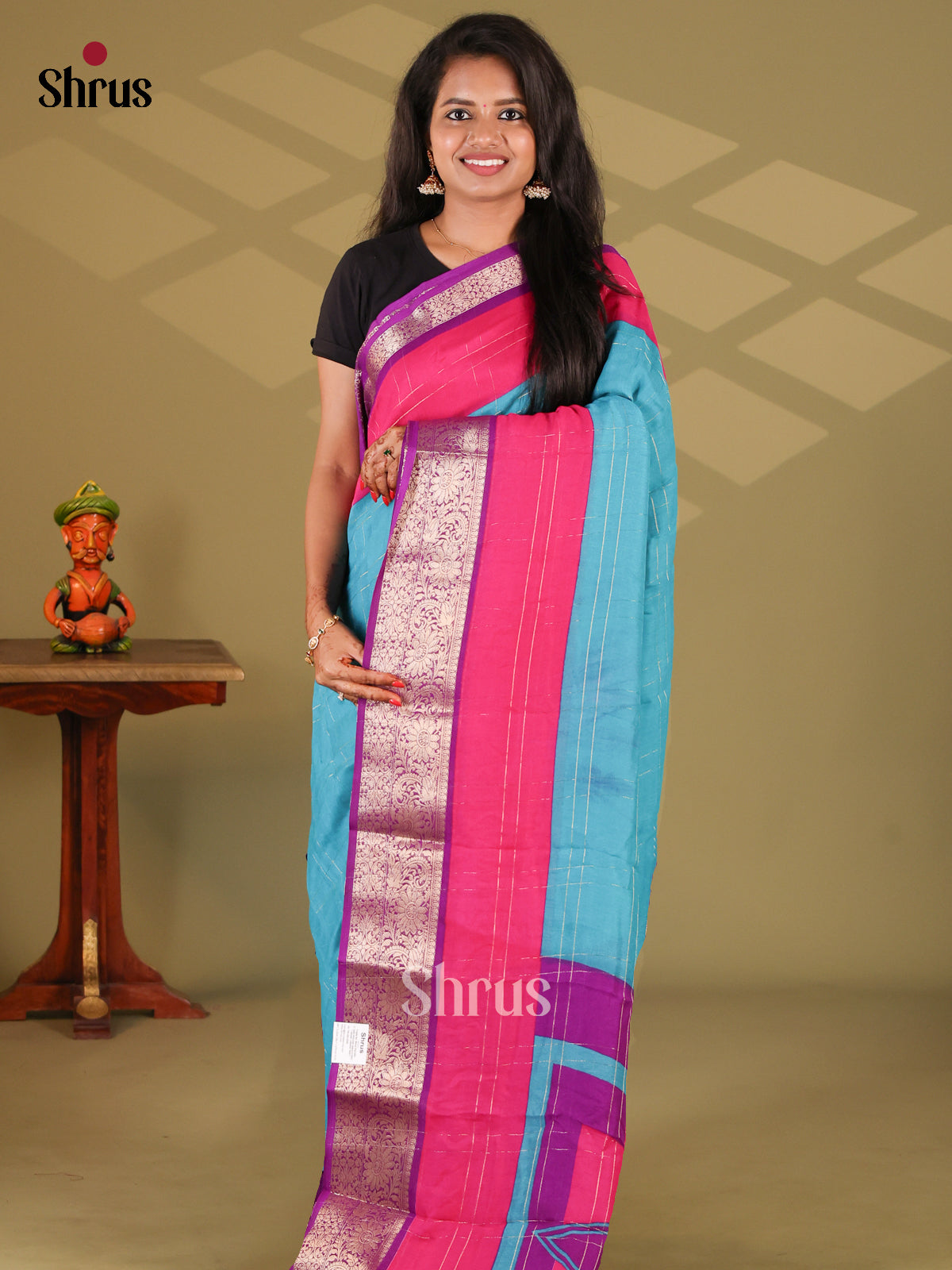 Blue & Purple - Semi Mysore silk saree - Shop on Shrus.com