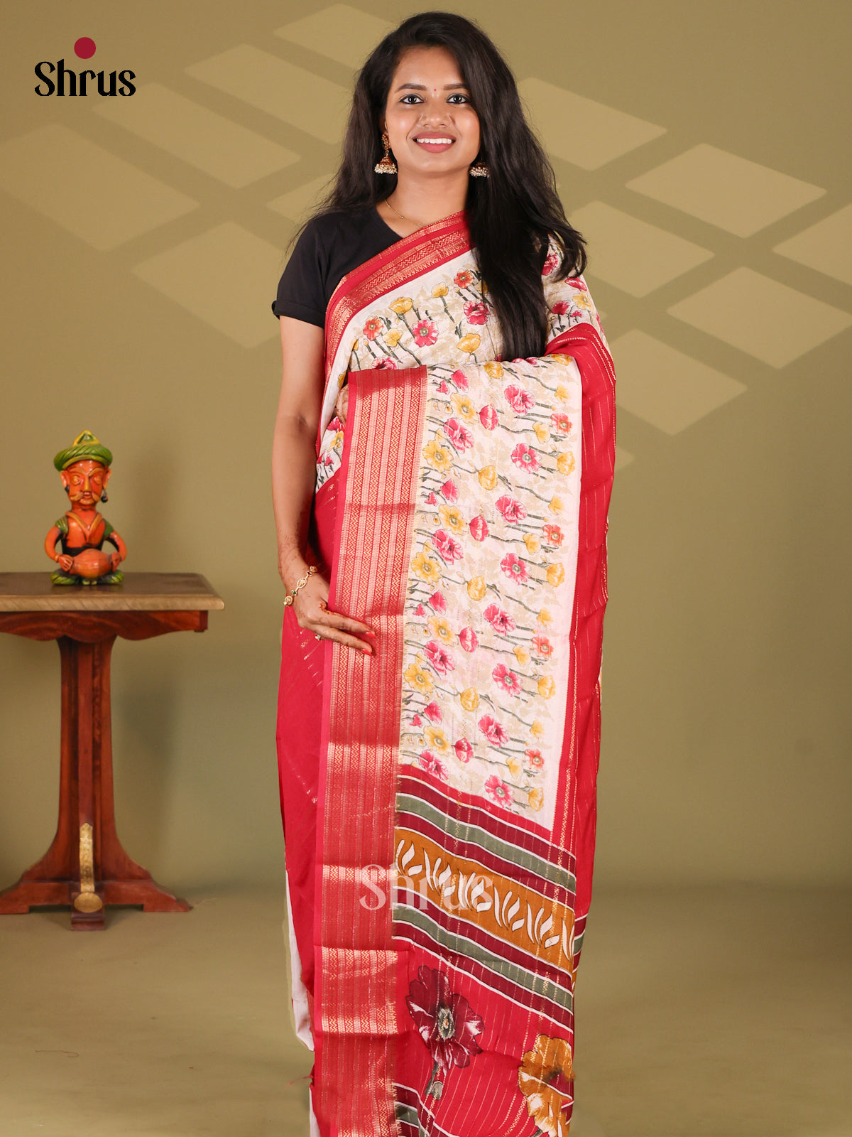 Red & Cream - Semi Mysore silk saree - Shop on Shrus.com