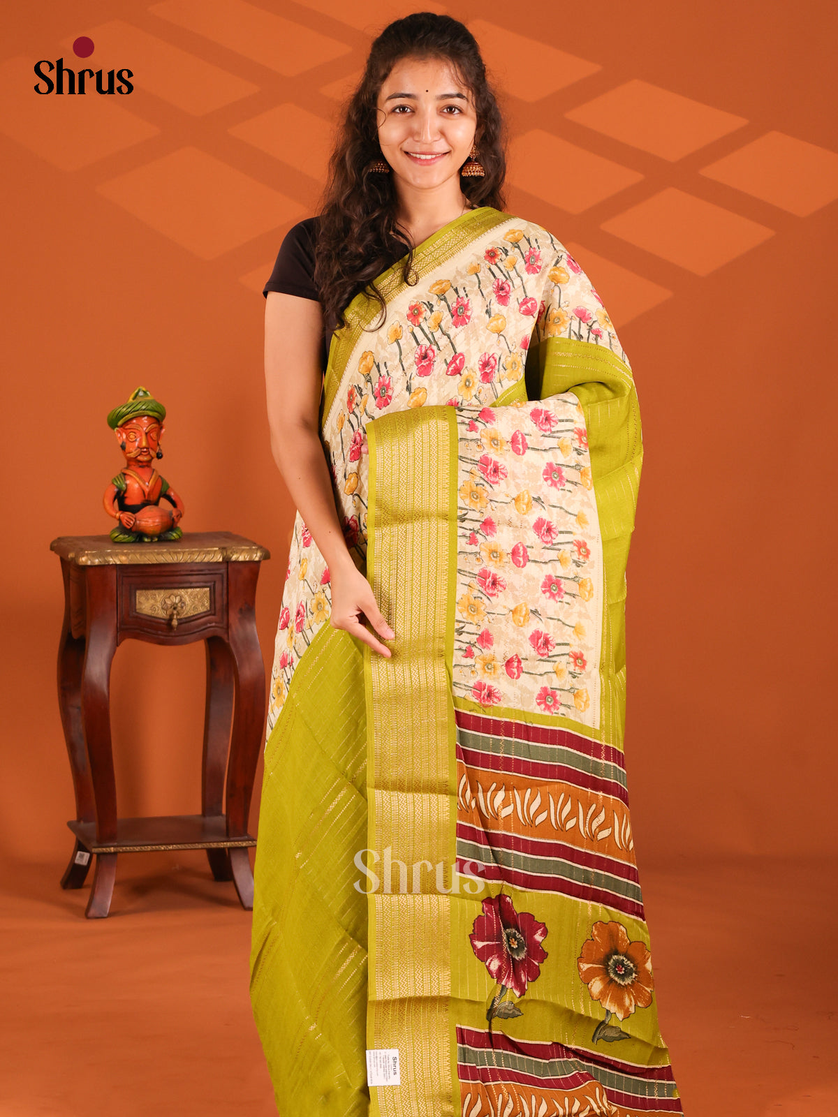 Lite Green & Cream - Semi Mysore silk saree - Shop on Shrus.com