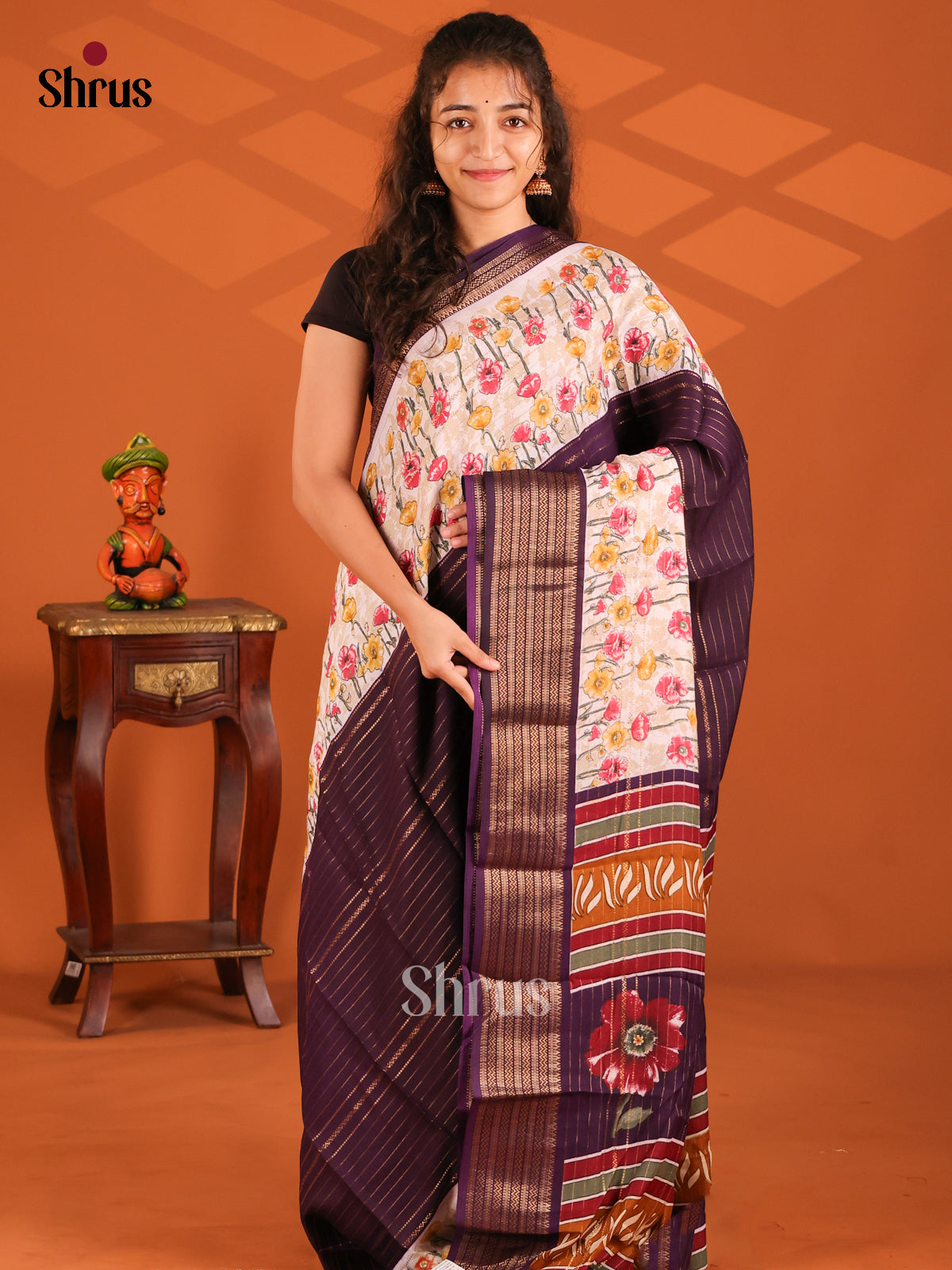 Jamun & Cream - Semi Mysore silk saree - Shop on Shrus.com