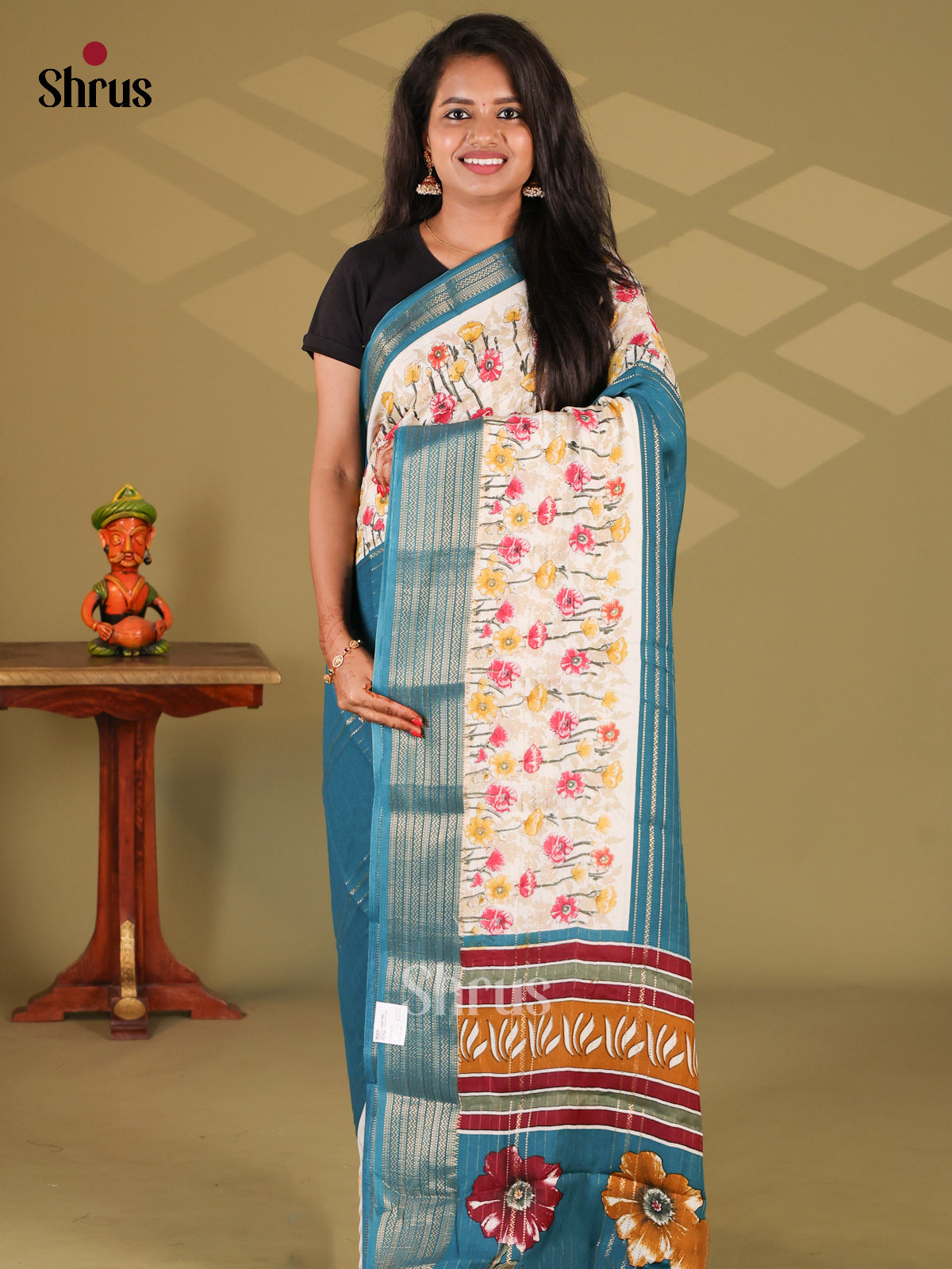 Blue & Cream- Semi Mysore silk saree - Shop on Shrus.com