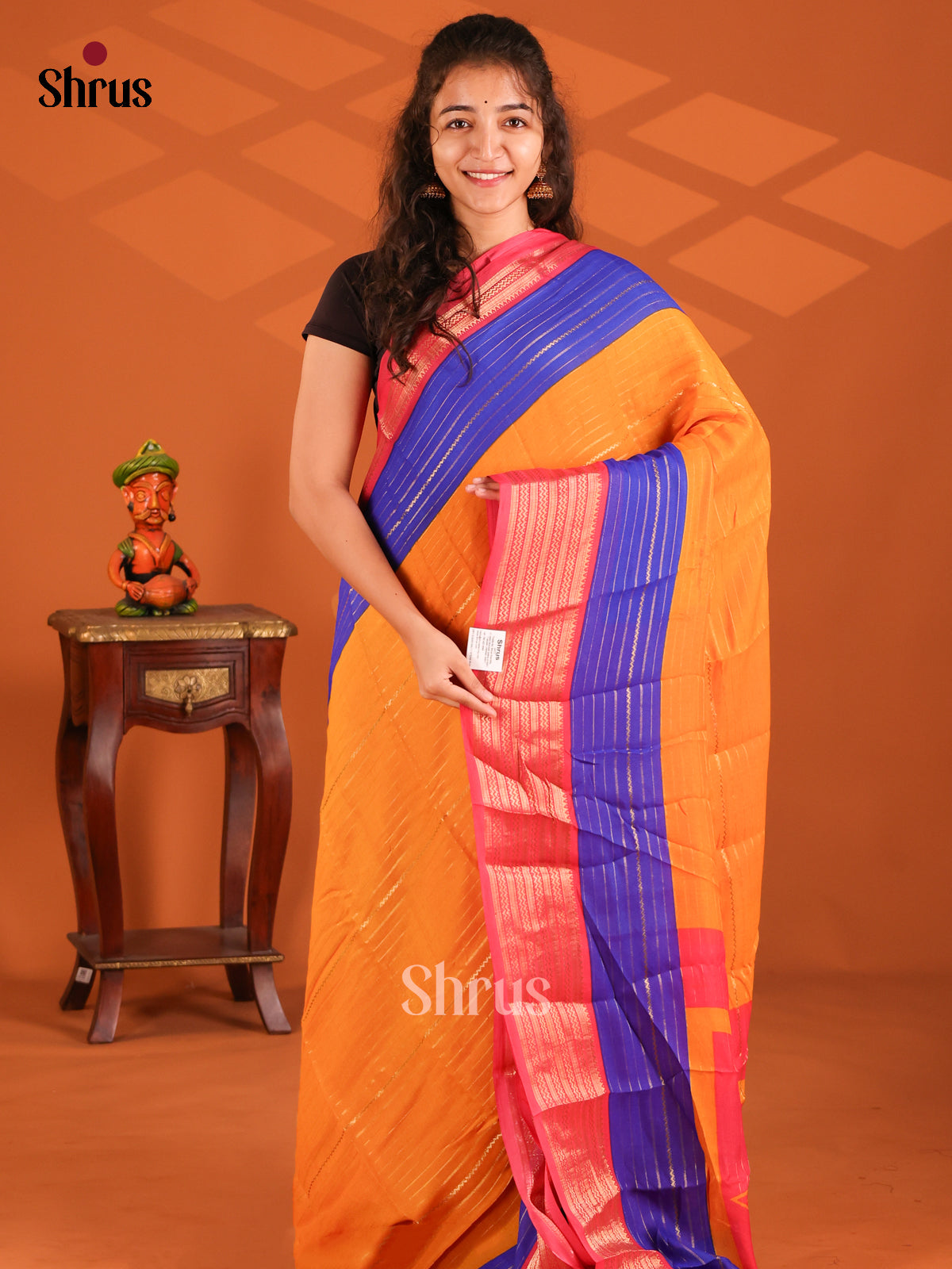 Orange & Red- Semi Mysore silk saree - Shop on Shrus.com