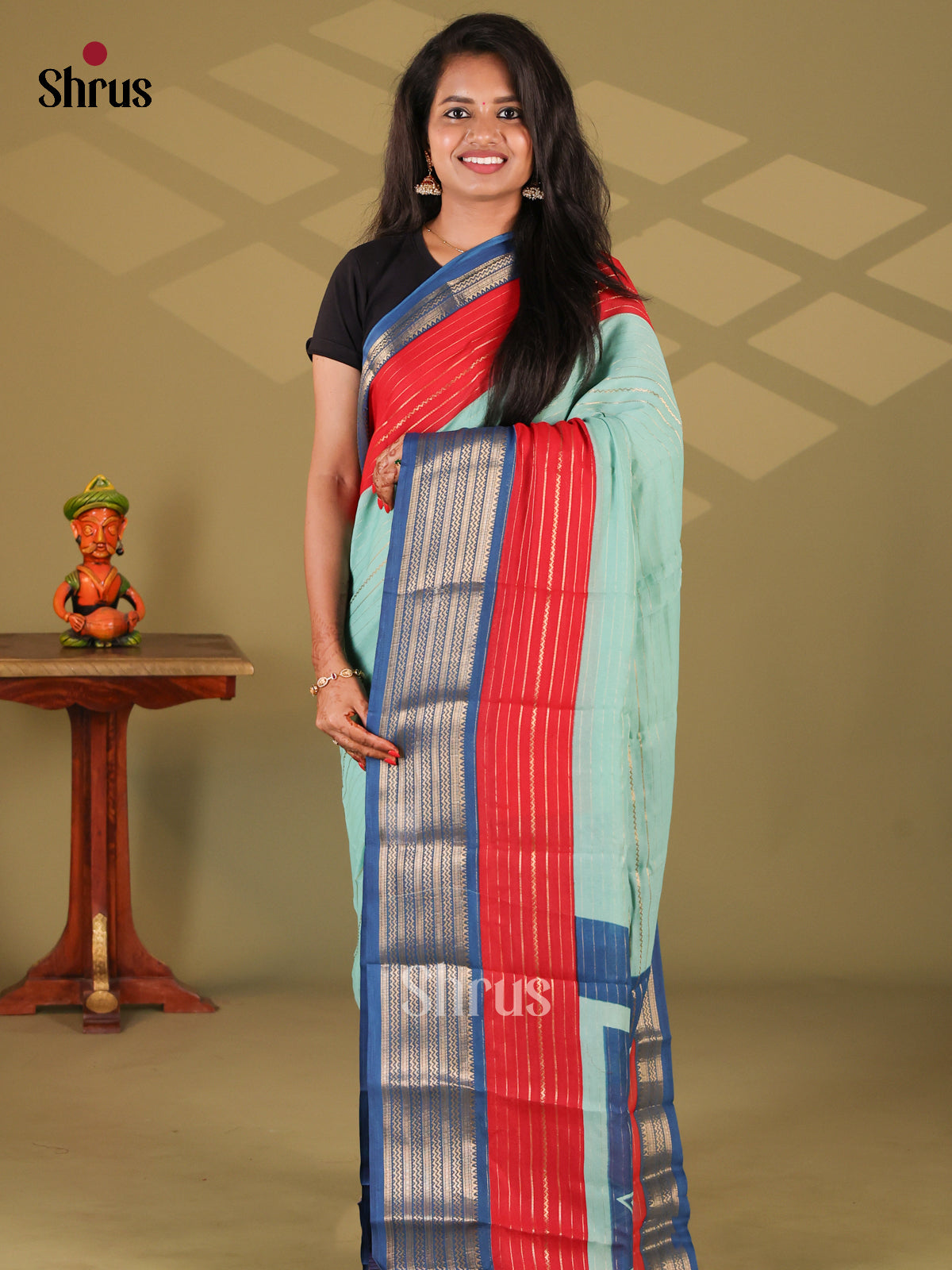 Pastel Blue & Blue- Semi Mysore silk saree - Shop on Shrus.com