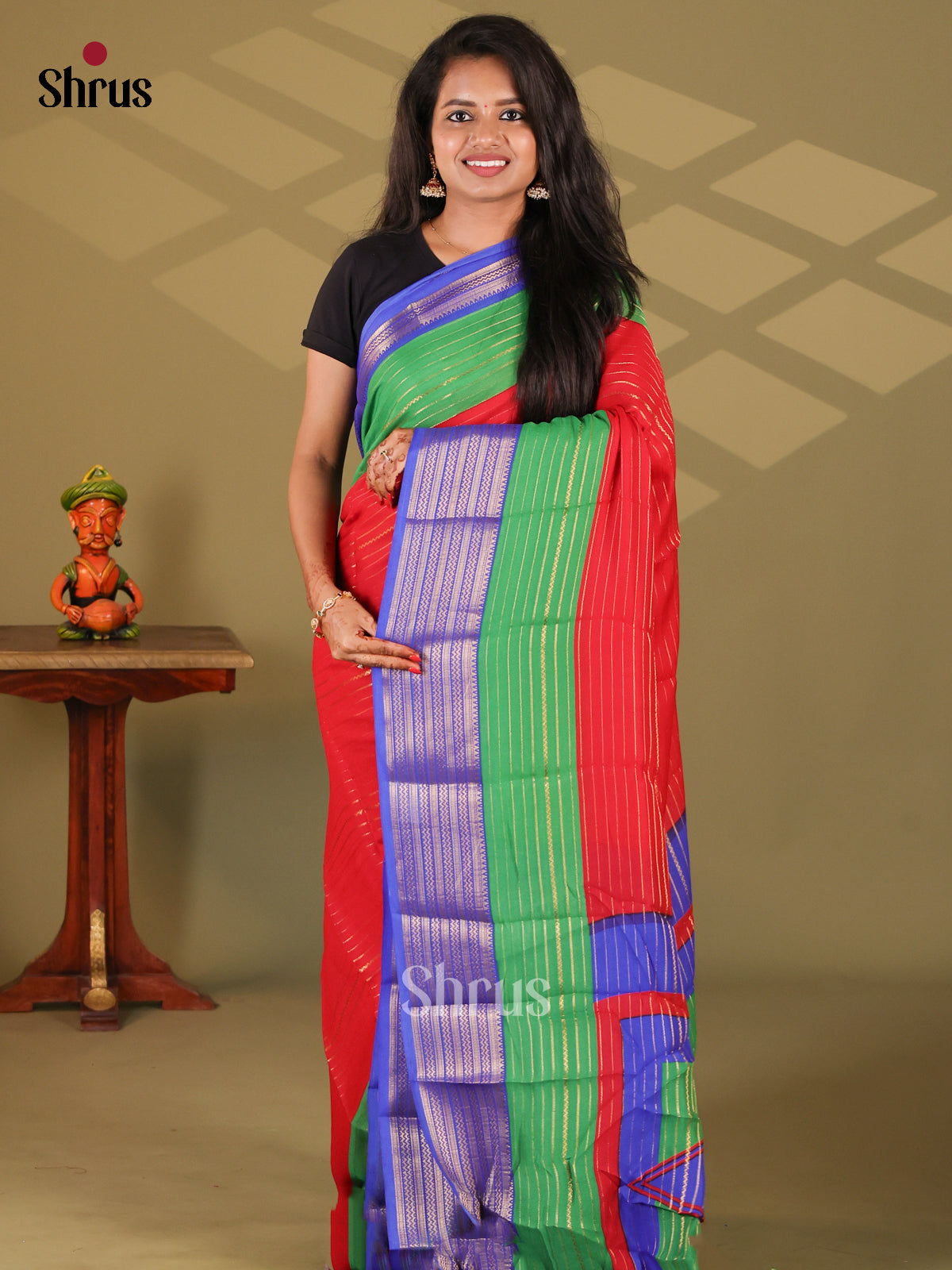 Red & Blue - Semi Mysore silk saree - Shop on Shrus.com
