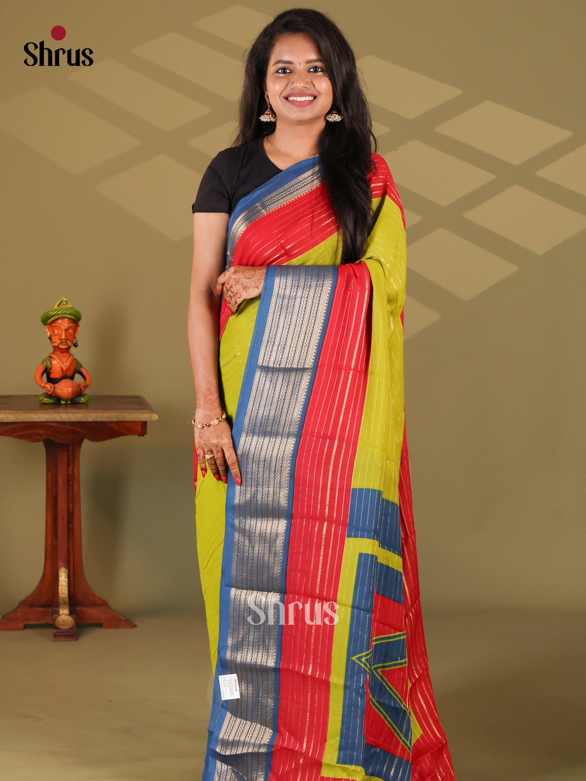 Lime Green & Blue- Semi Mysore silk saree - Shop on Shrus.com