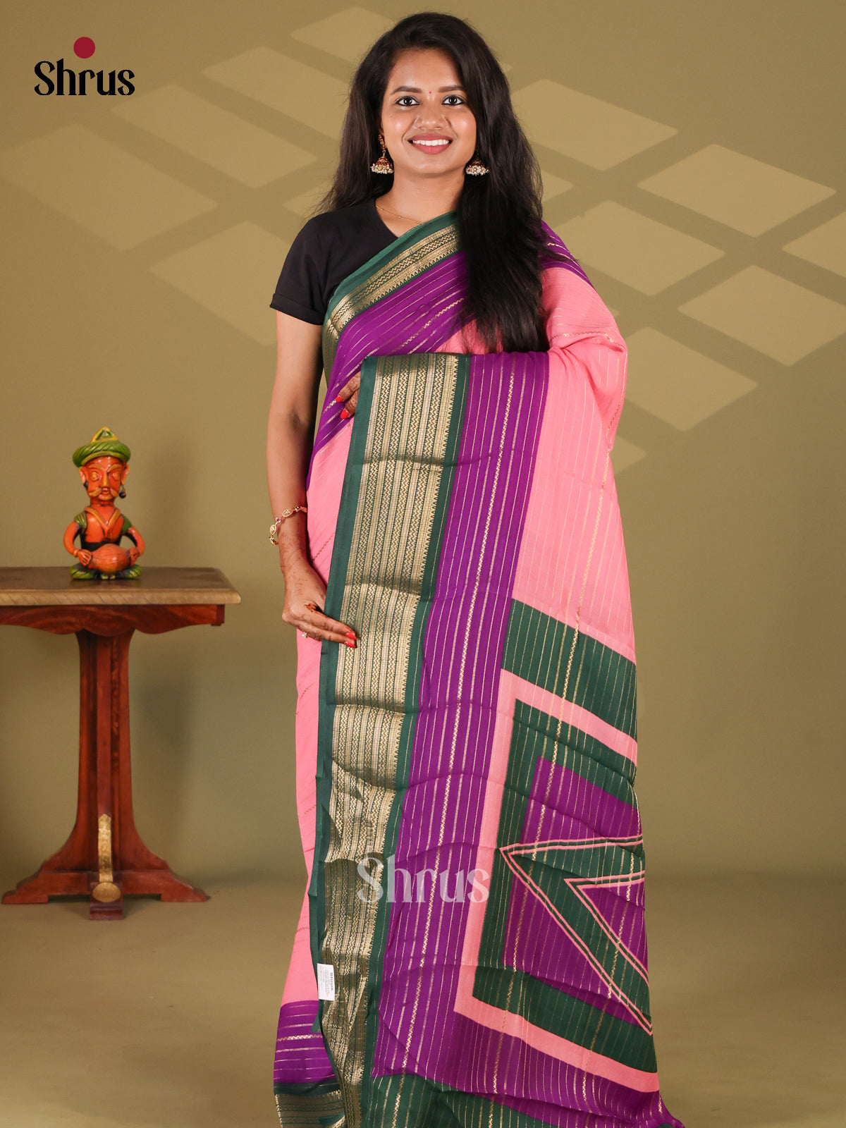 Pink & Green - Semi Mysore silk saree - Shop on Shrus.com