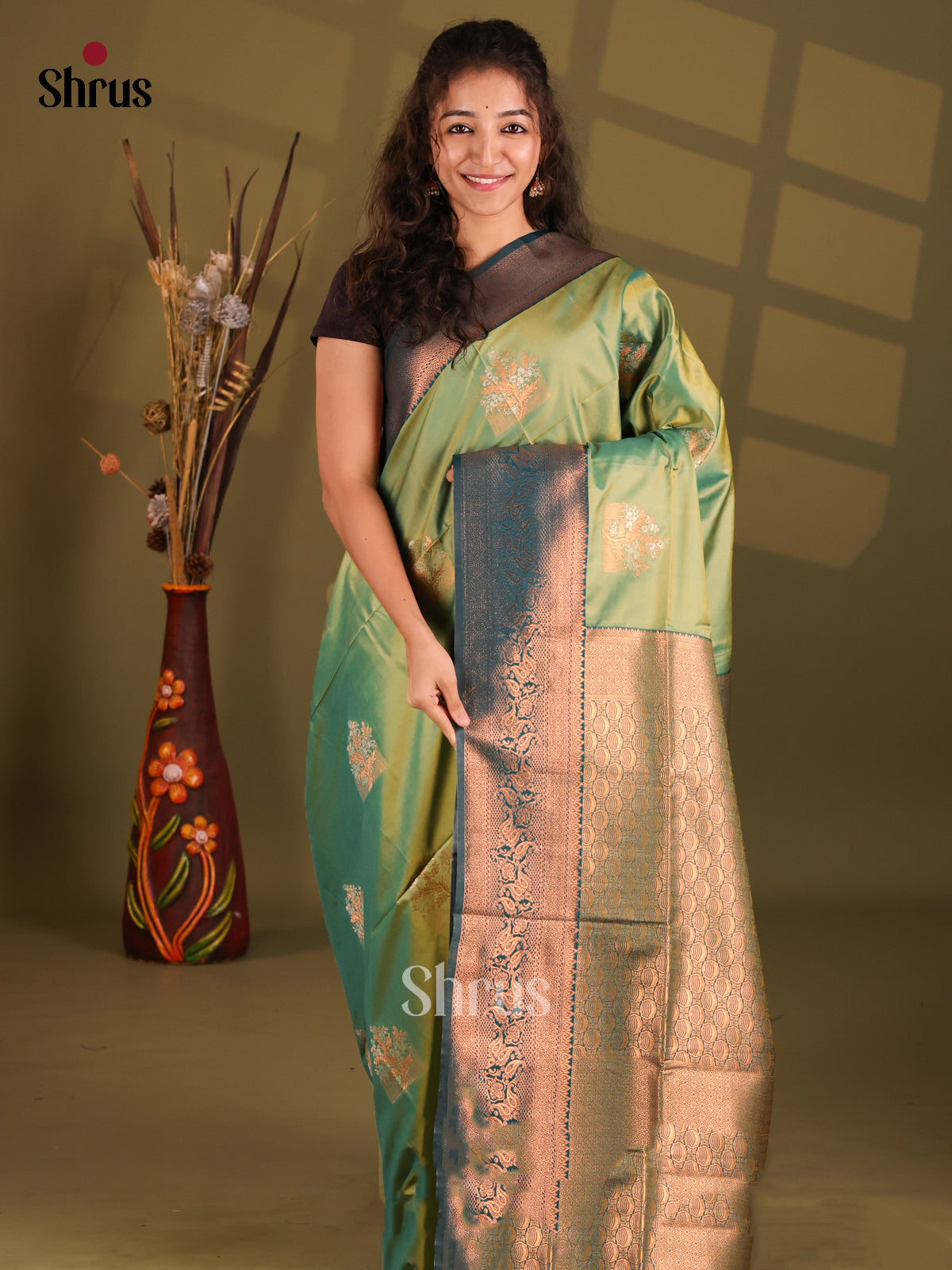 Green & Peacock Green- Semi Softsilk Saree - Shop on Shrus.com