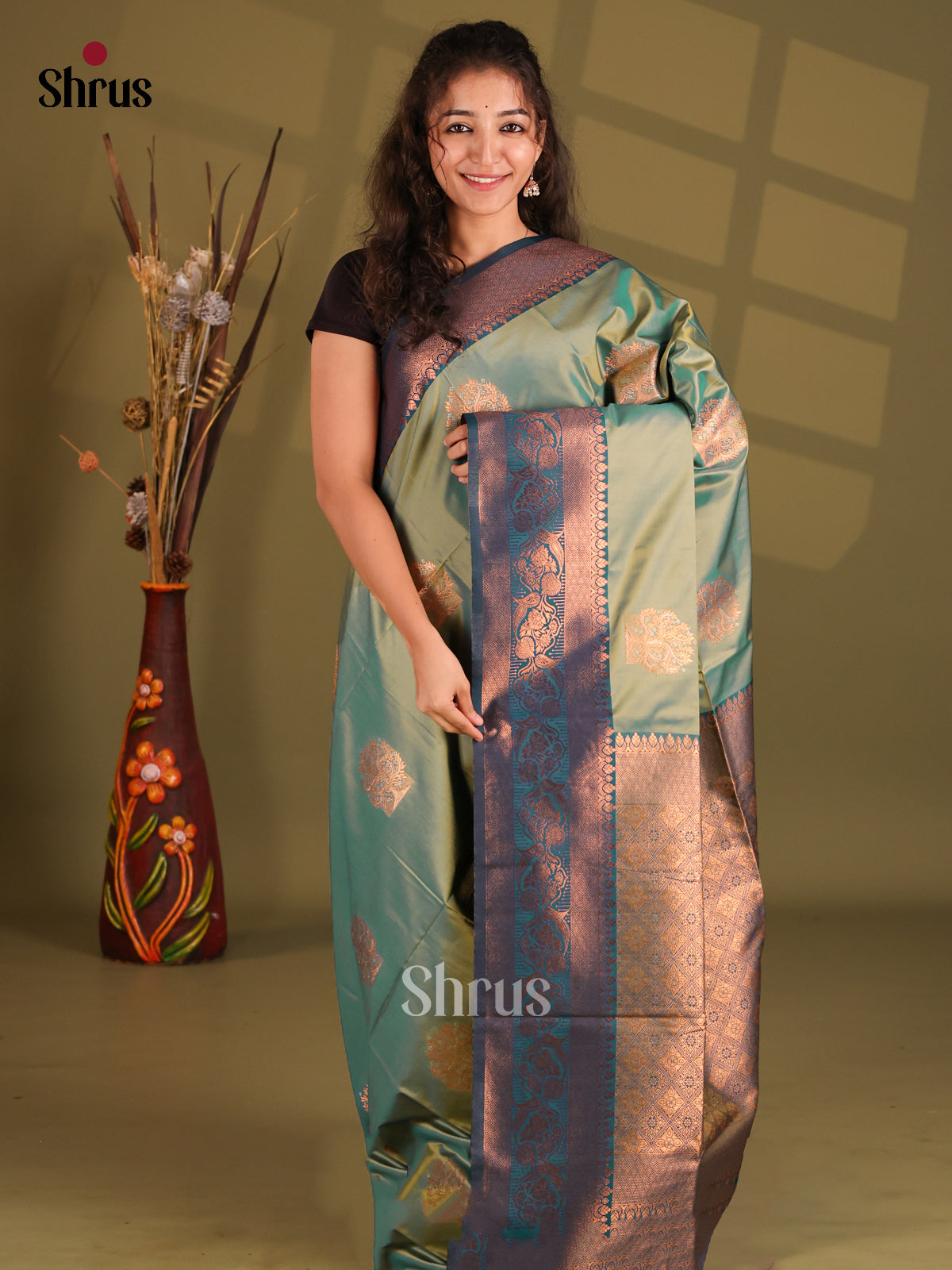 Double Shaded Green & Blue - Semi Softsilk Saree - Shop on Shrus.com