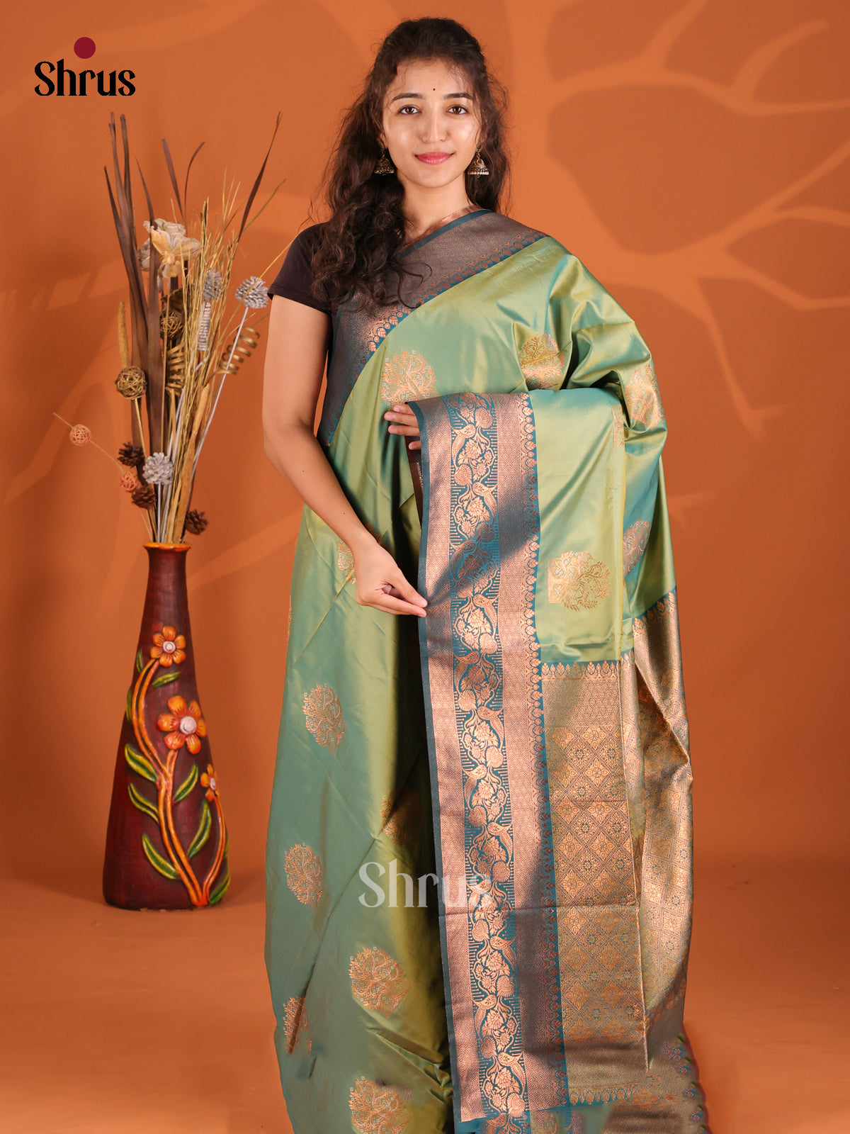 Green & Blue - Semi Softsilk Saree - Shop on Shrus.com