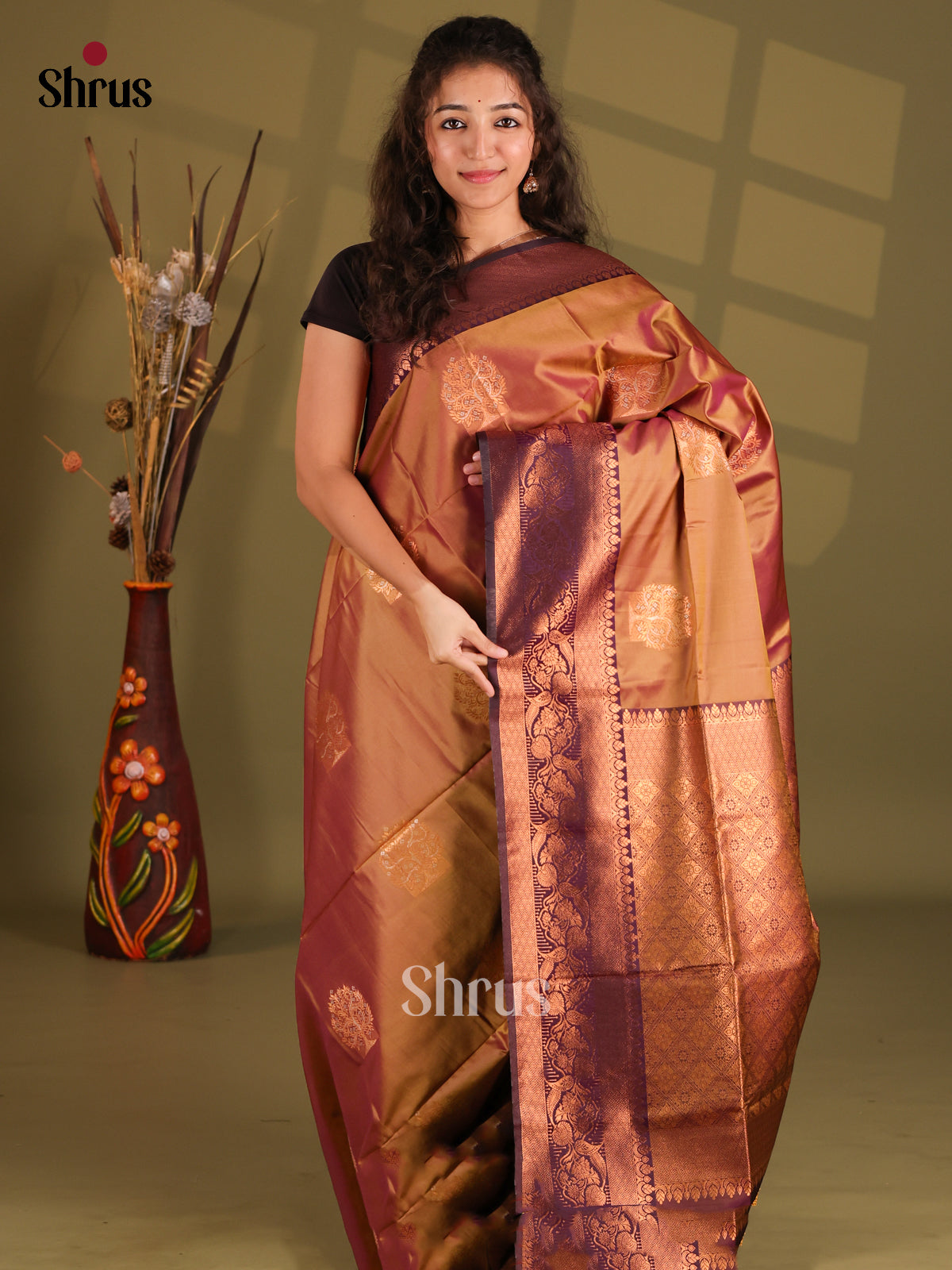 Double Shaded Brown & Purple - Semi Softsilk Saree - Shop on Shrus.com