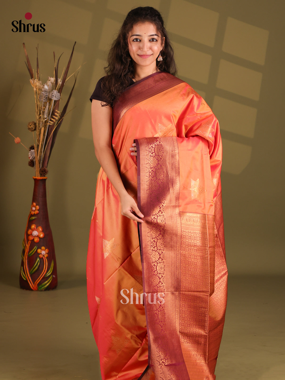 Orange & Maroon - Semi Softsilk Saree - Shop on Shrus.com