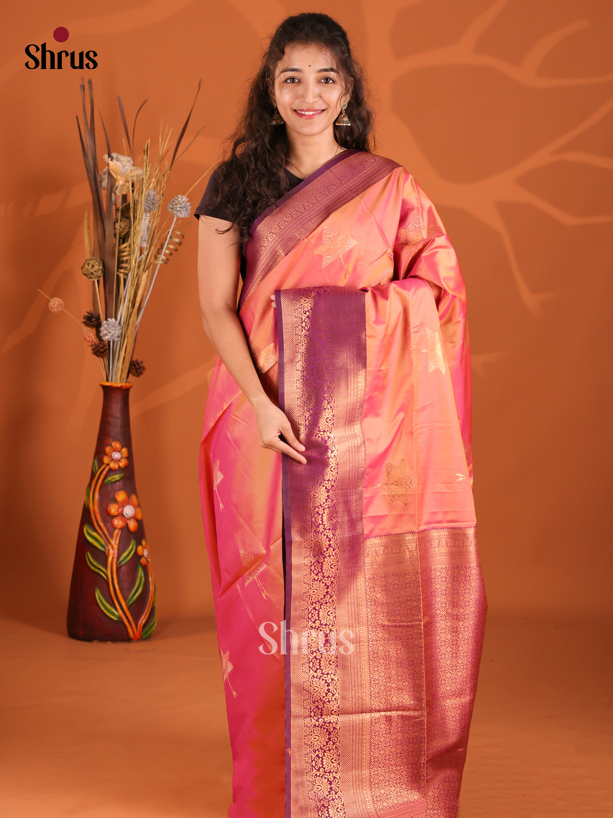 Orangish Pink & Violet- Semi Softsilk Saree - Shop on Shrus.com
