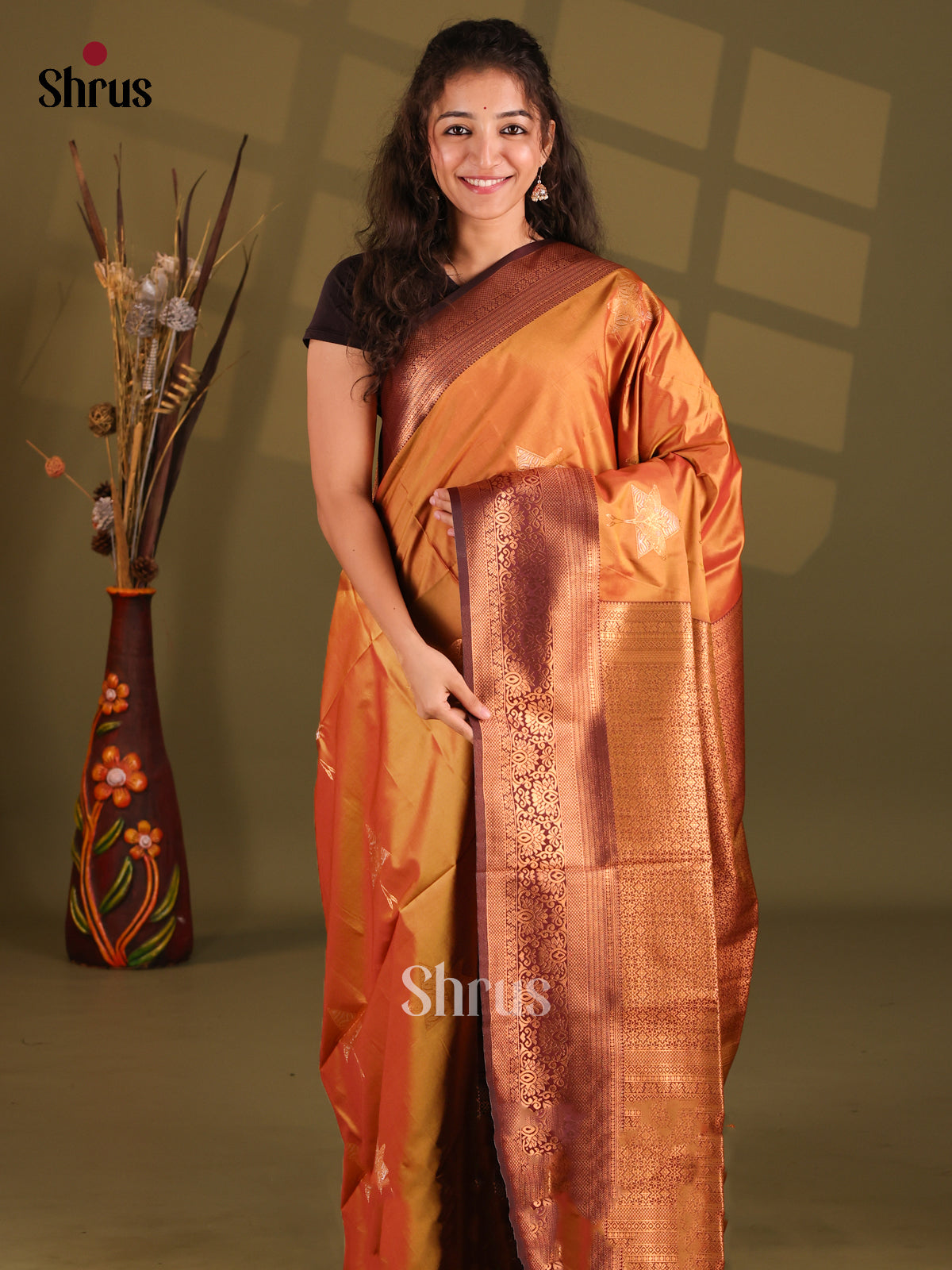 Orange & Brown- Semi Softsilk Saree - Shop on Shrus.com