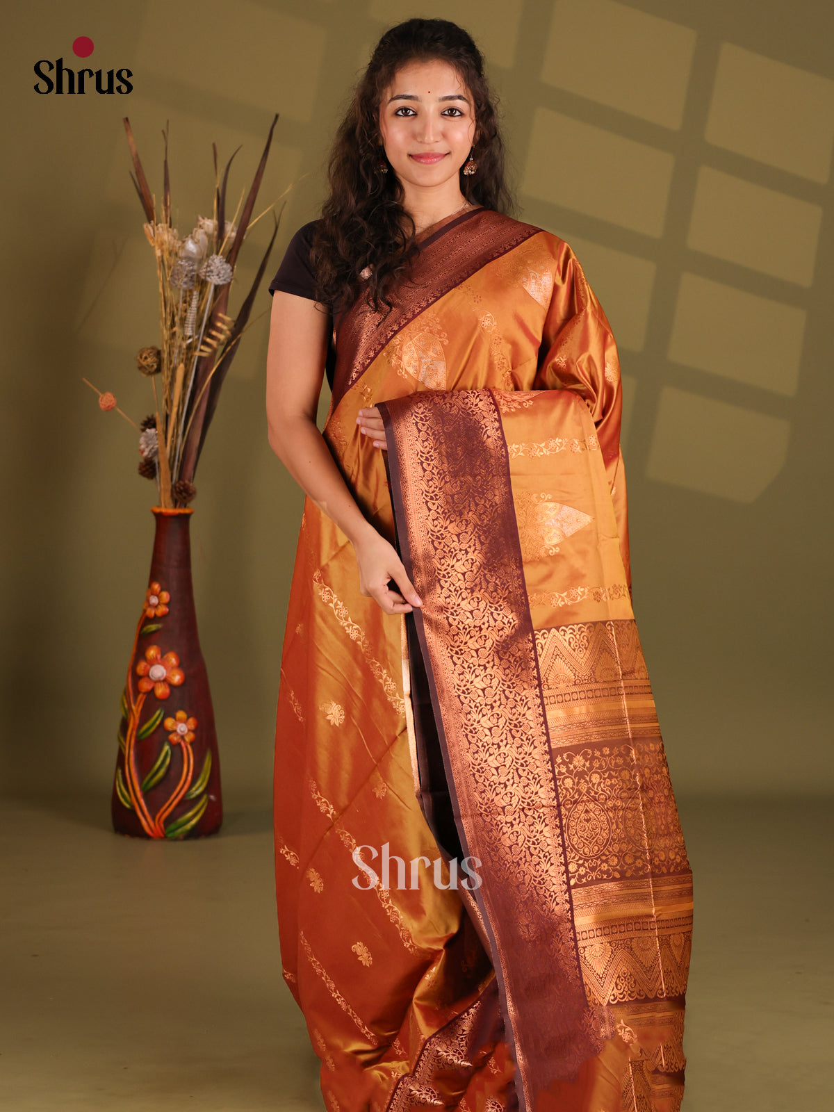 Brick Orange & Brown - Semi Softsilk Saree - Shop on Shrus.com