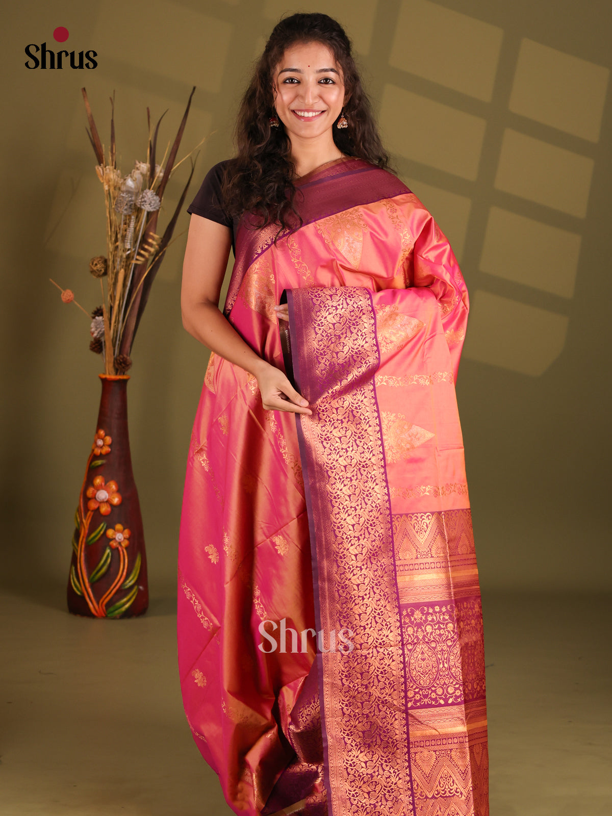 Orangish Pink & Purple - Semi Softsilk Saree - Shop on Shrus.com
