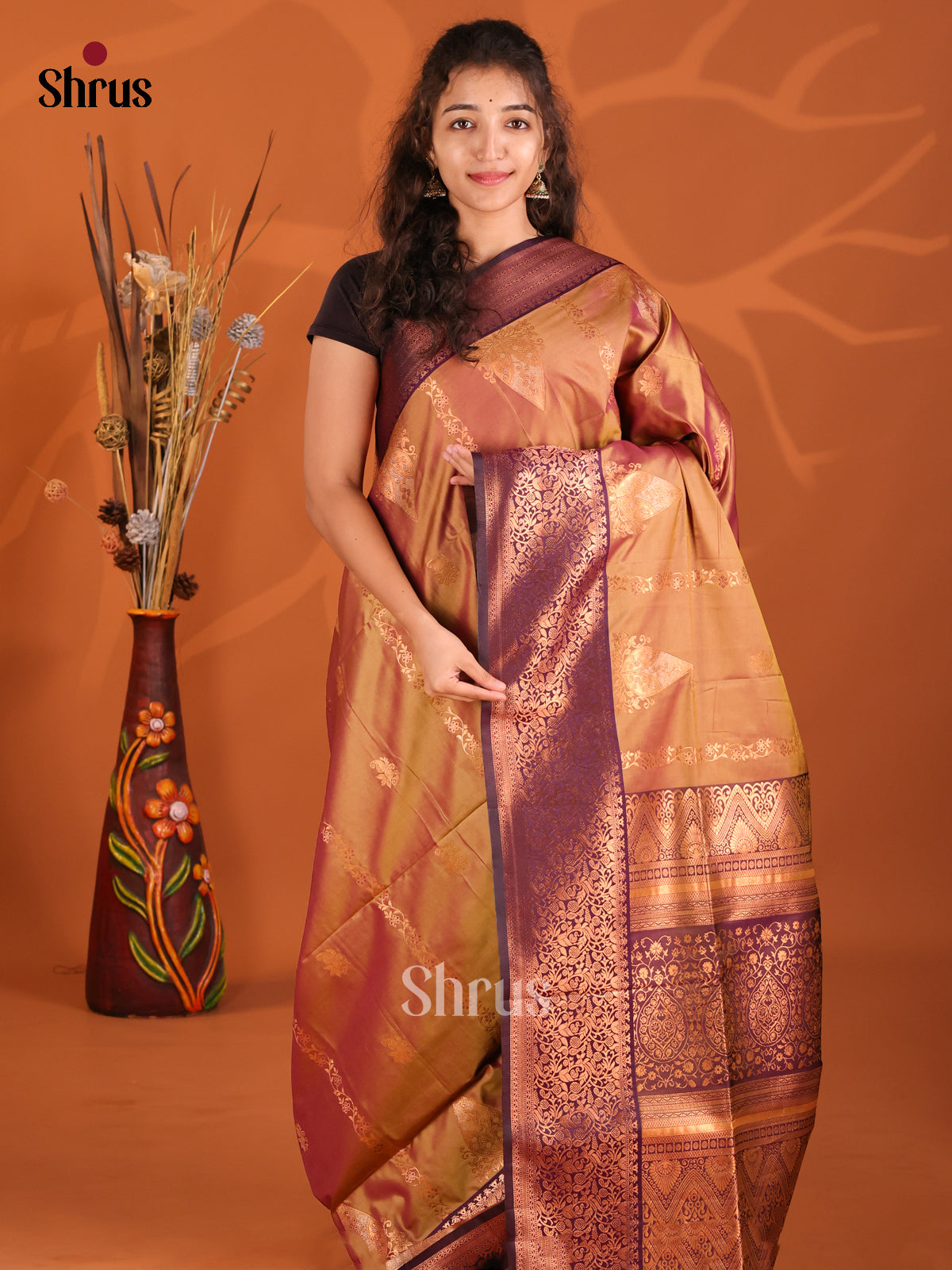 Double Shaded Mustard & Purple - Semi Softsilk Saree - Shop on Shrus.com